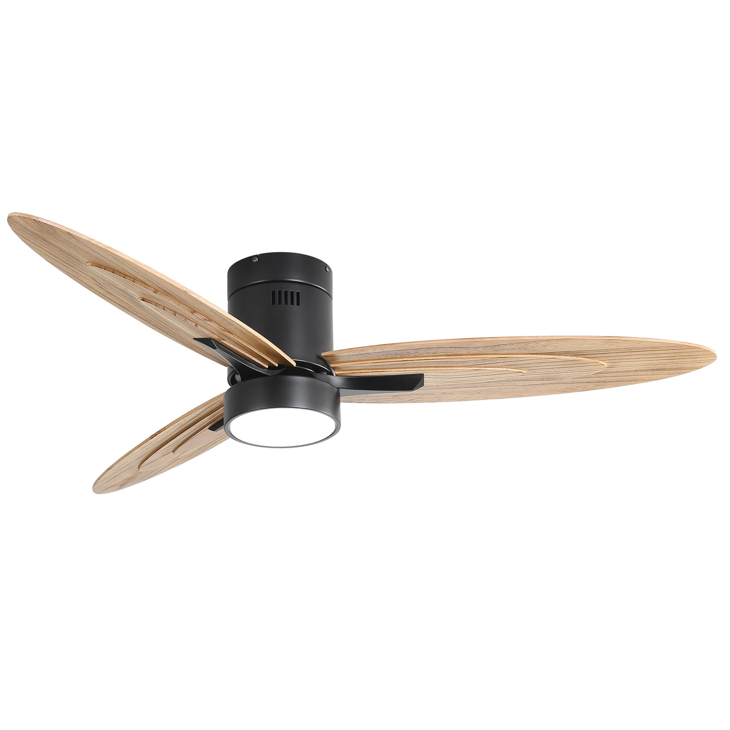 Modern black ceiling fan with natural wood blades and integrated LED light