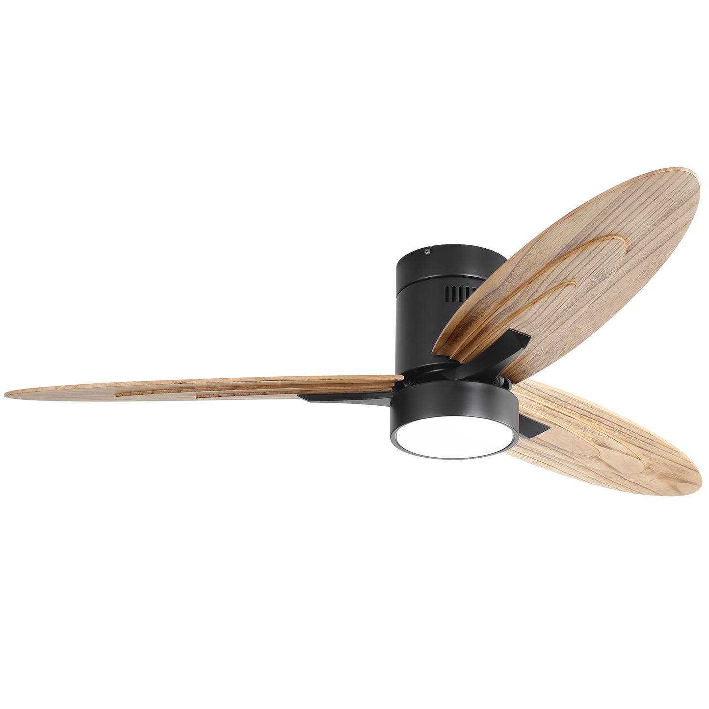 Modern black ceiling fan with three light woodgrain blades and integrated LED light