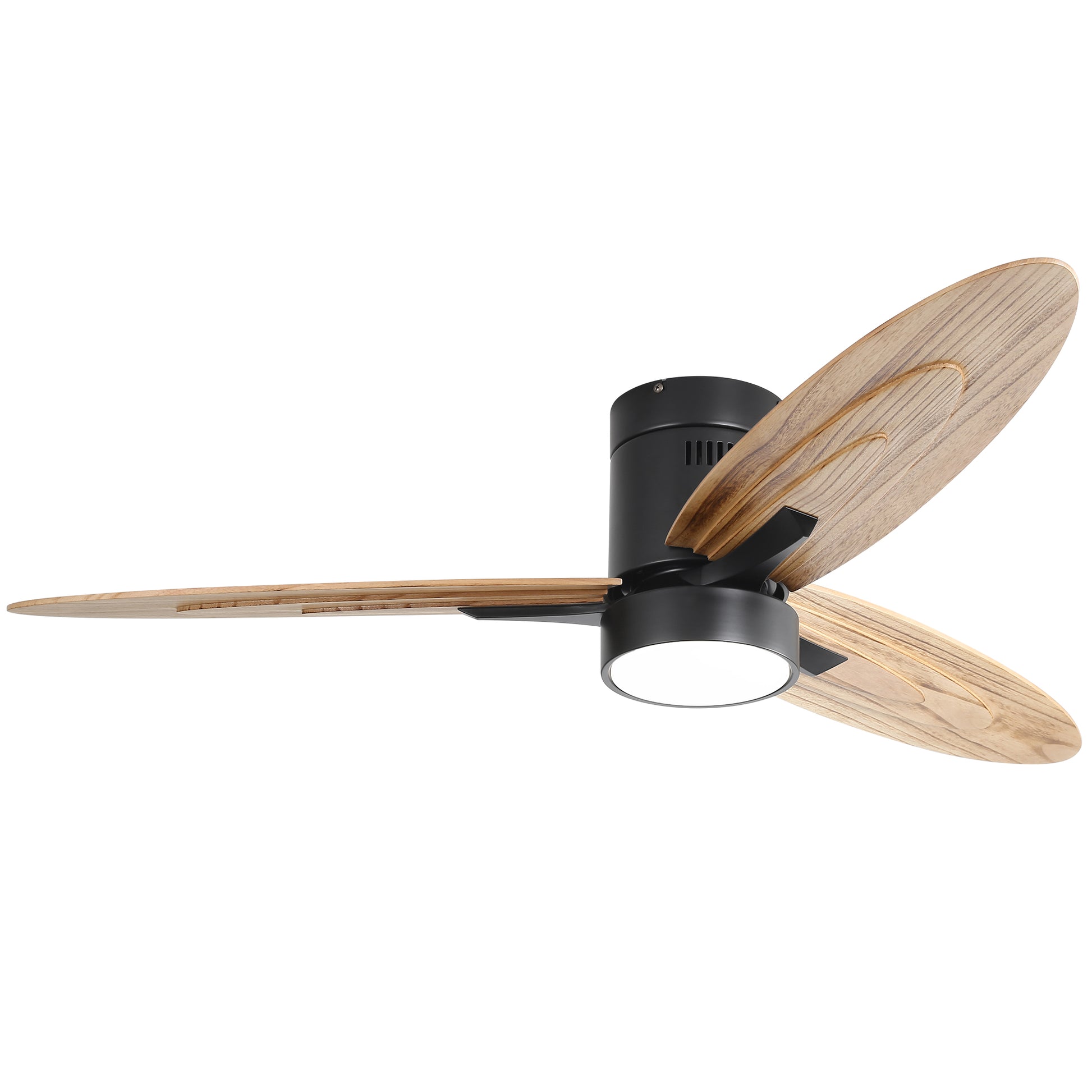 Modern black ceiling fan with three light woodgrain blades and integrated LED light