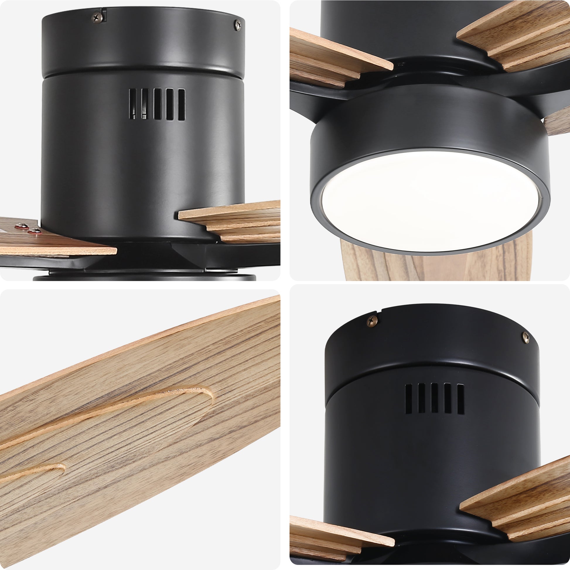 Black modern ceiling fan with integrated LED light and natural wood blades