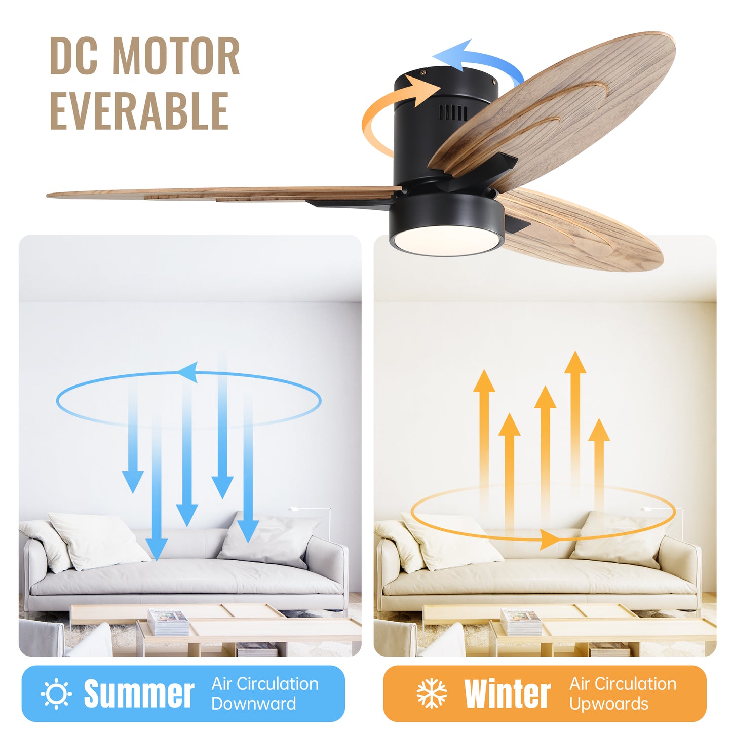Modern black DC motor ceiling fan with natural wood finish blades and integrated LED light