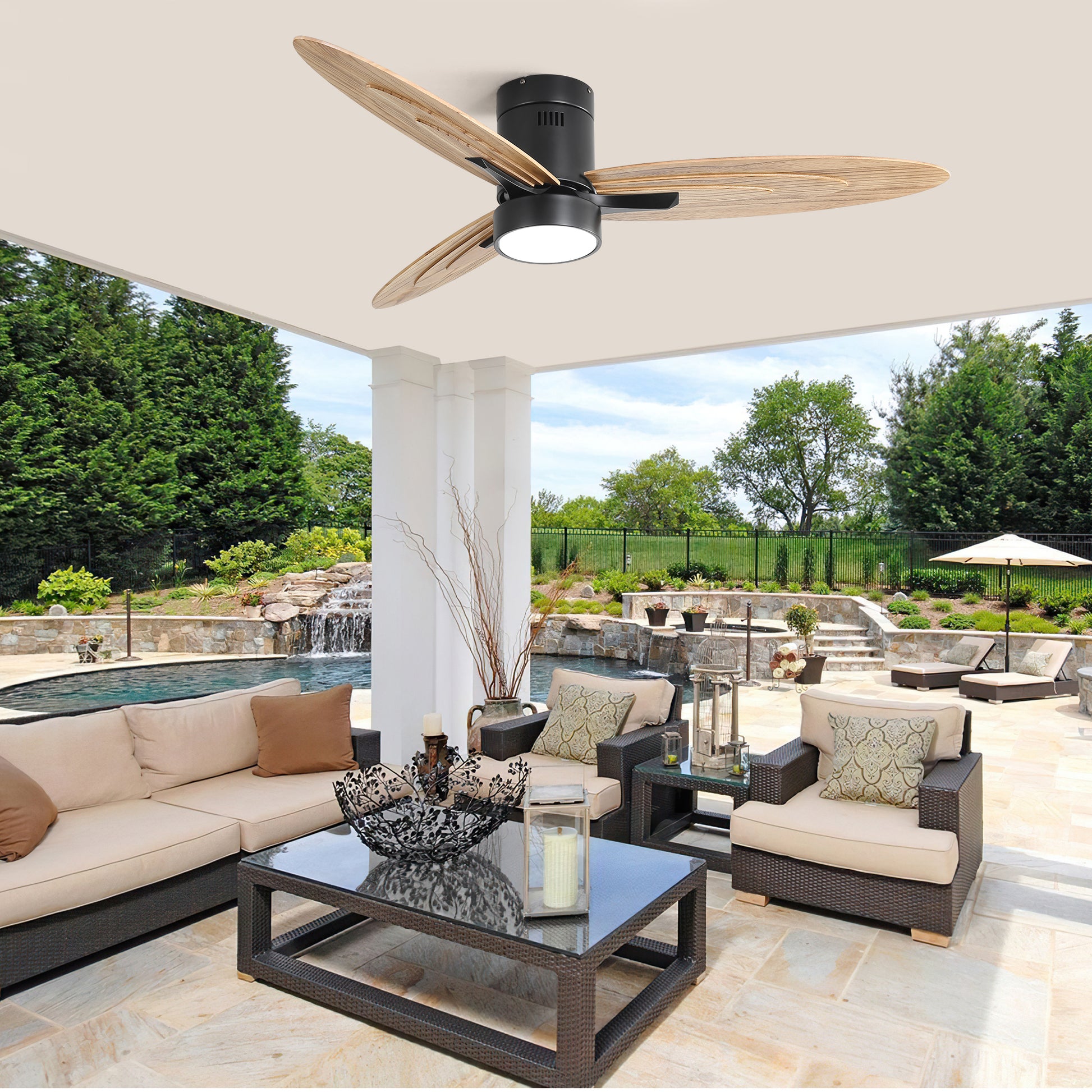 Black outdoor ceiling fan with three natural woodgrain blades and integrated LED light
