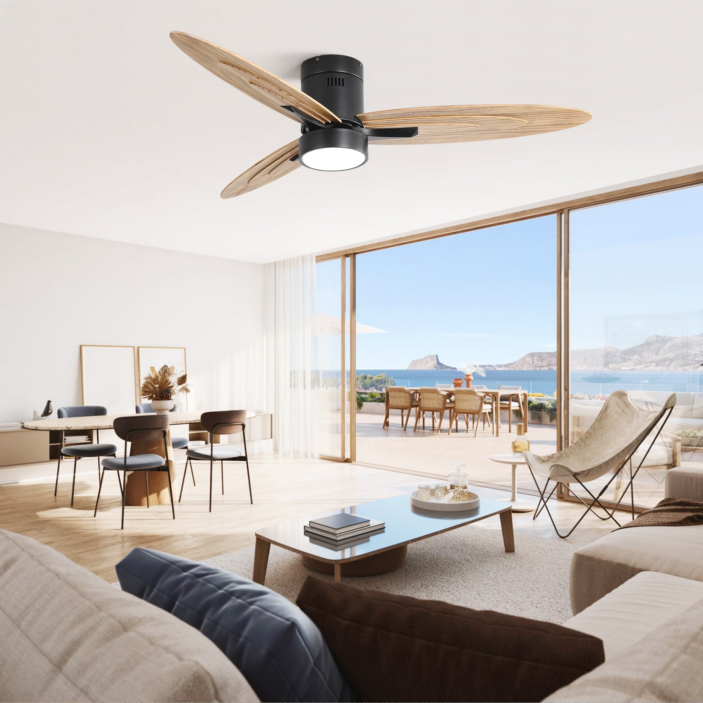 Black flush mount ceiling fan with natural wood blades and integrated LED light