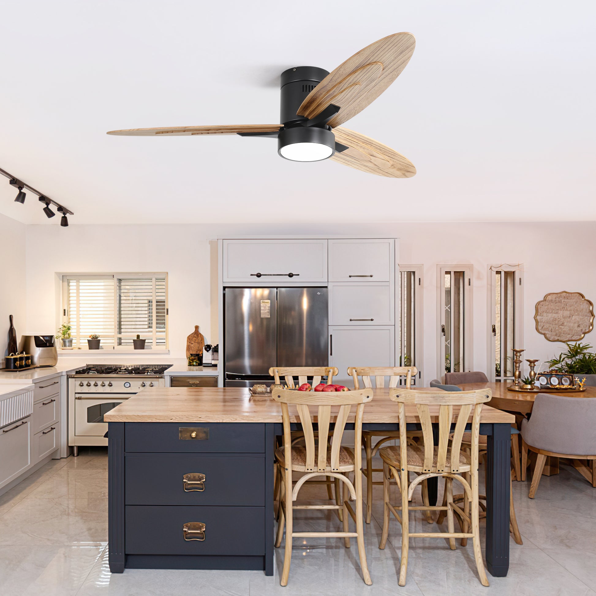 Black ceiling fan with three natural wood blades and integrated LED light