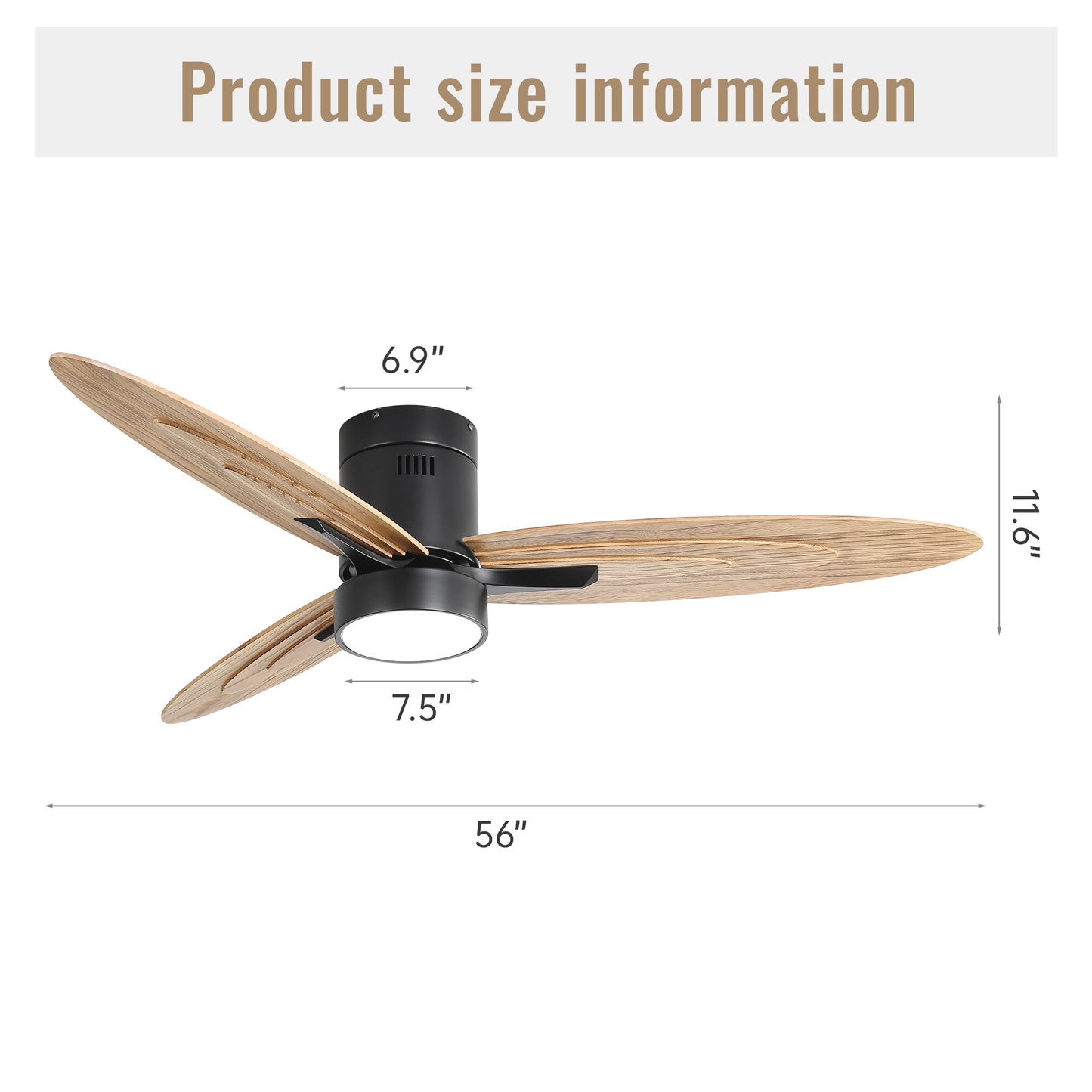 Modern black ceiling fan with three light wood grain blades and integrated LED light