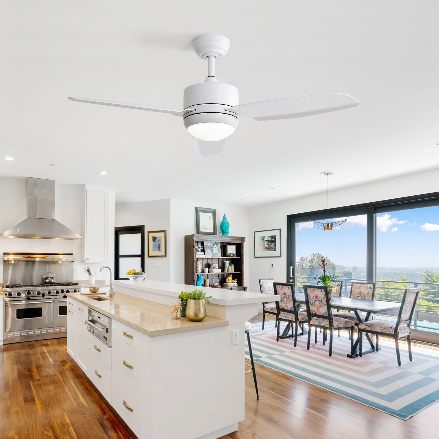 Modern white ceiling fan with integrated LED light perfect for contemporary kitchens