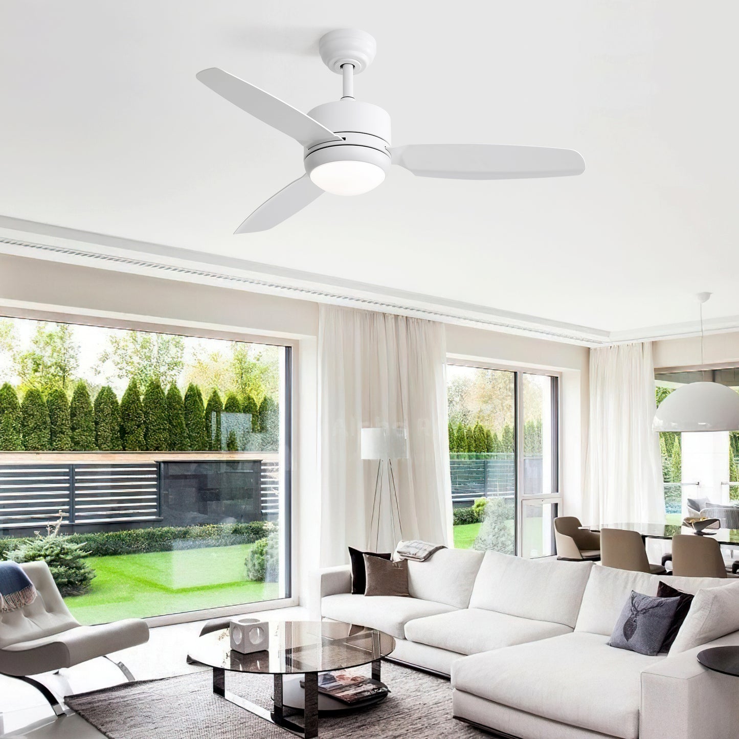 White modern ceiling fan with LED light three blades ideal for living rooms