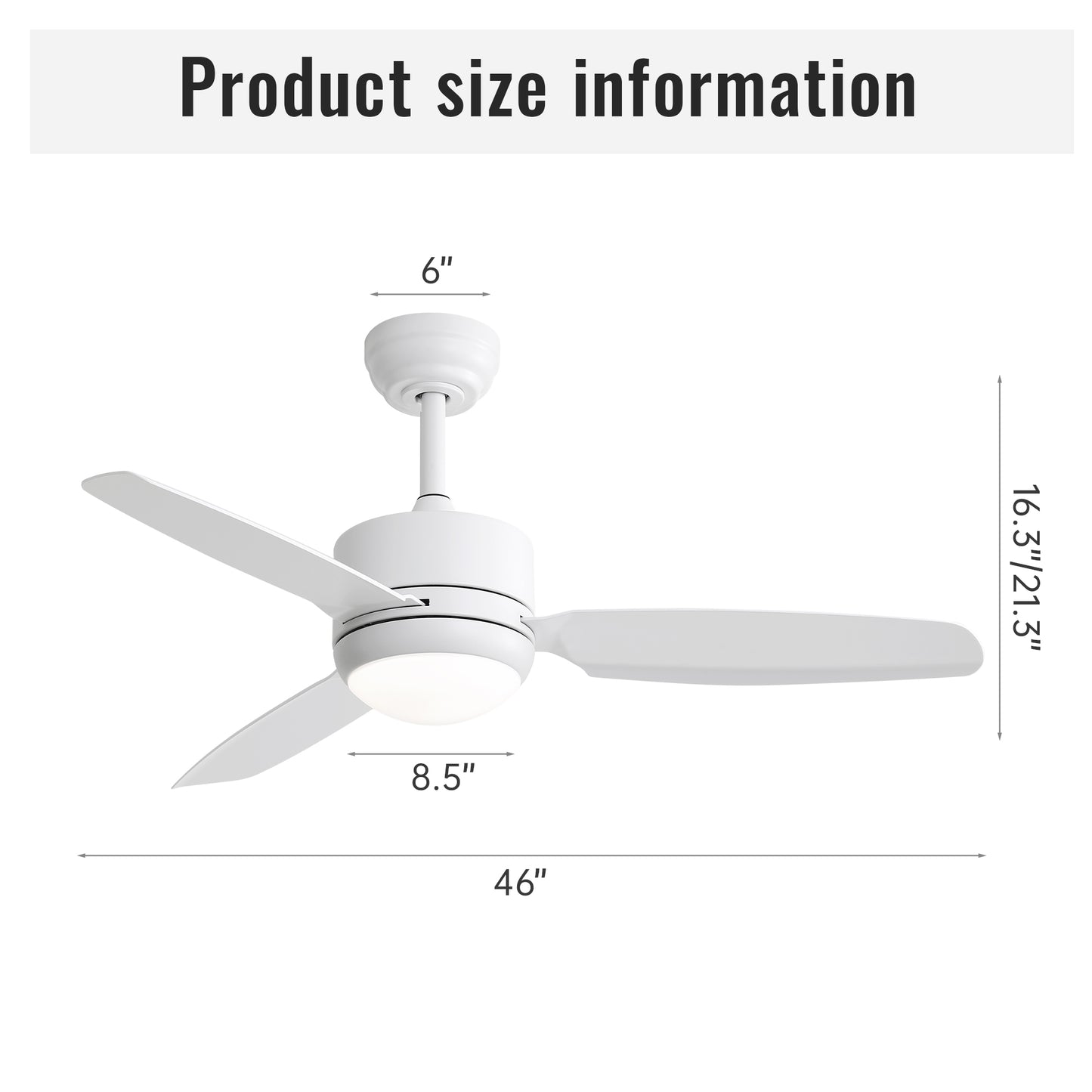 Modern white blade ceiling fan with integrated LED light inch sweep