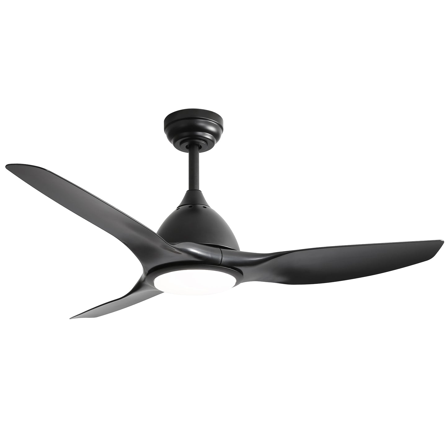 Black modern ceiling fan with integrated LED light and three sleek blades