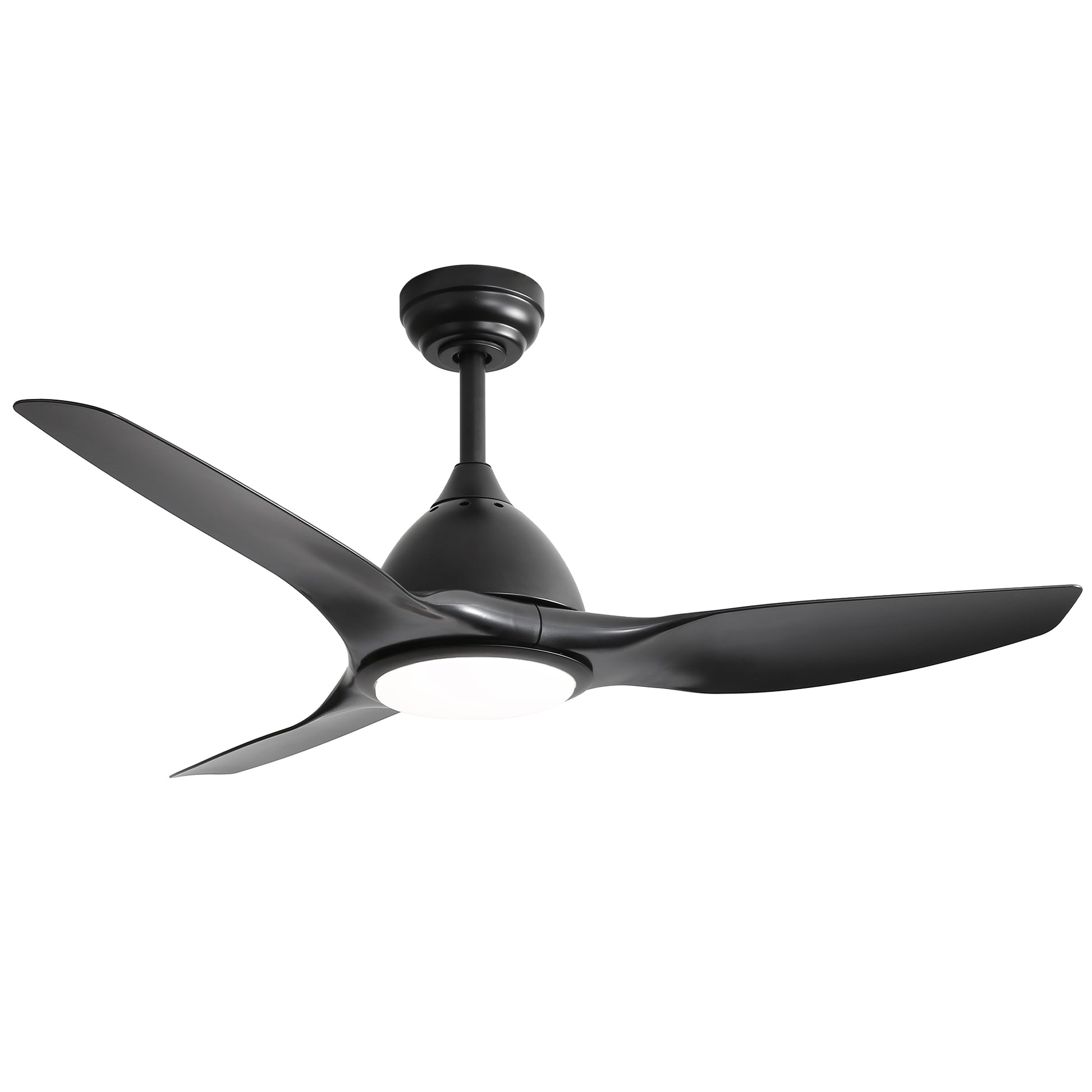 Black modern ceiling fan with integrated LED light and three sleek blades