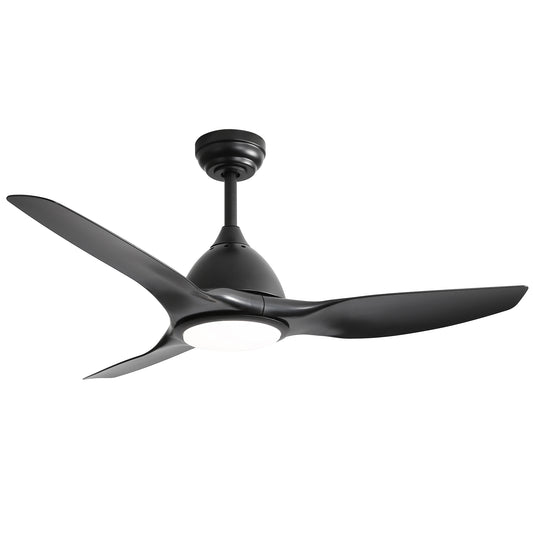 Black modern ceiling fan with integrated LED light and three sleek blades