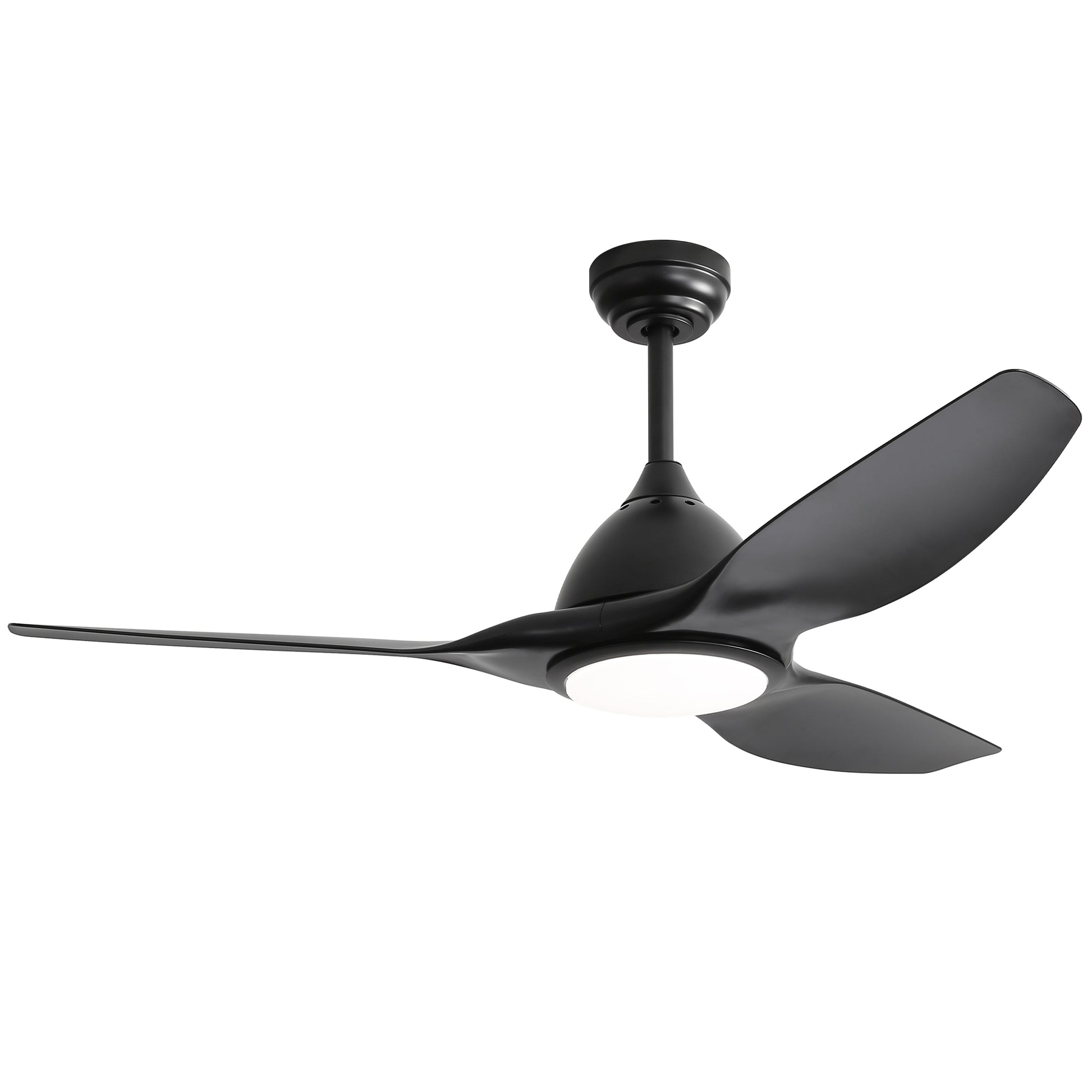 Sleek black modern ceiling fan with three curved blades and integrated LED light