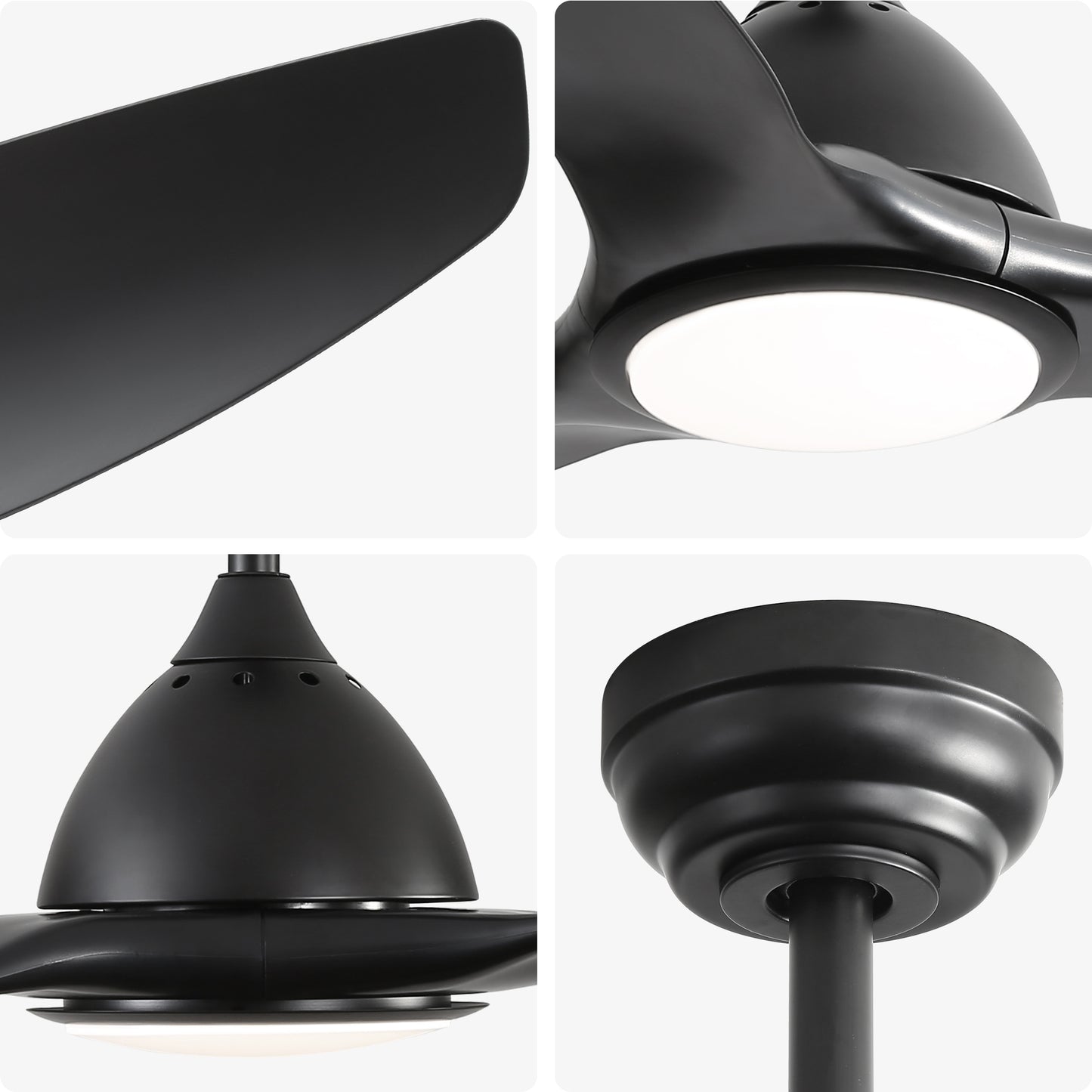 Closeup of a sleek black ceiling fan blade with a matte finish