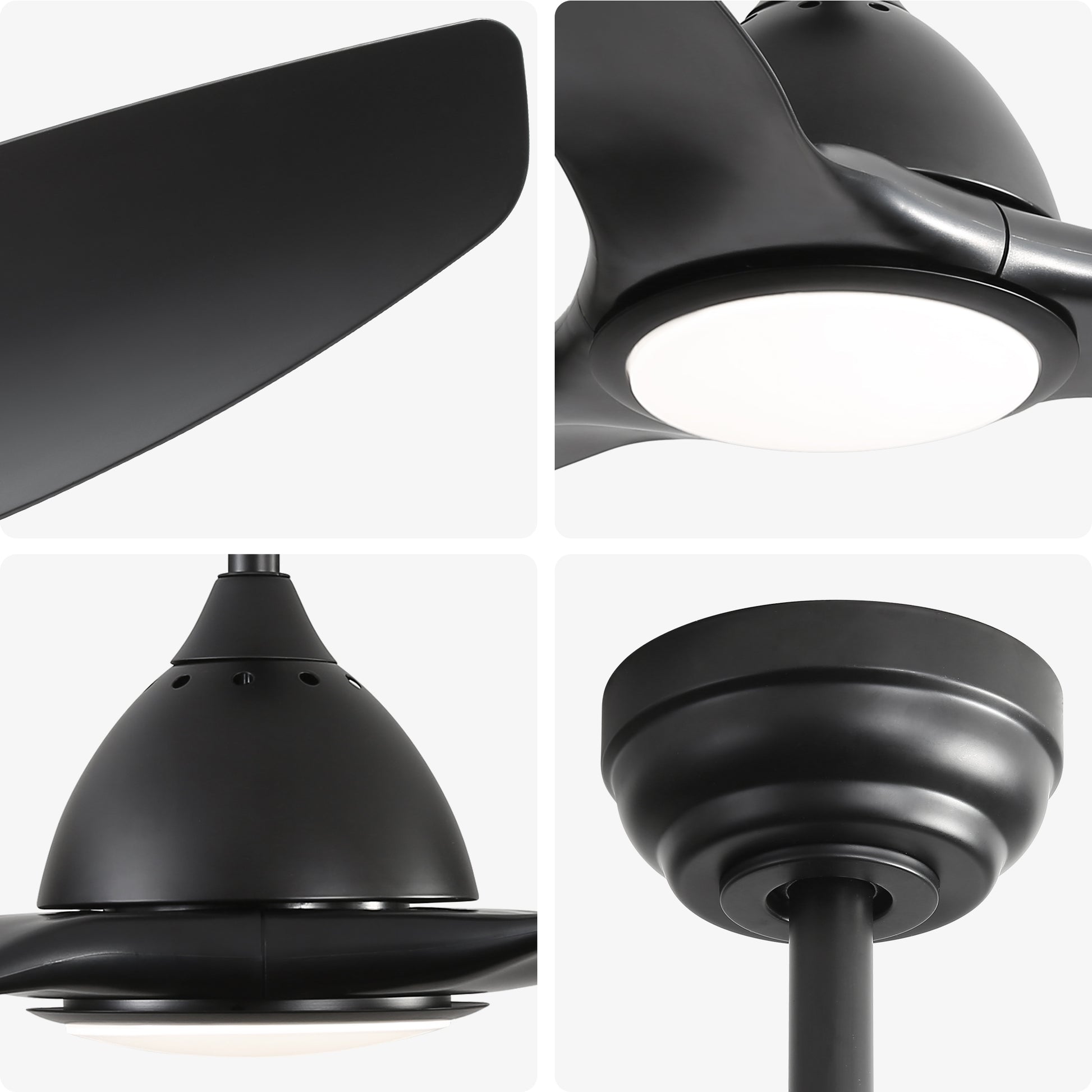 Closeup of a sleek black ceiling fan blade with a matte finish