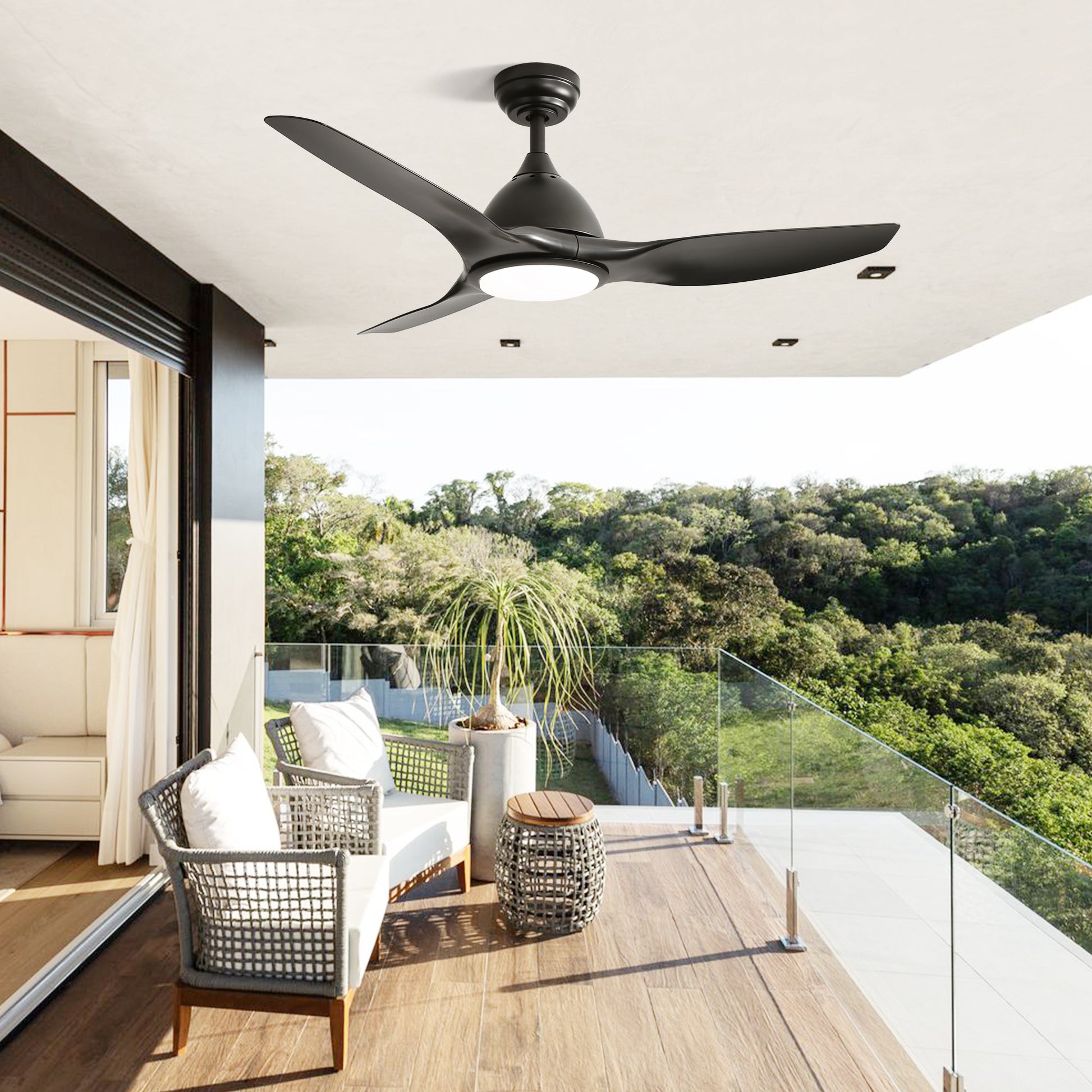 Matte black threeblade ceiling fan with integrated LED light for modern outdoor spaces