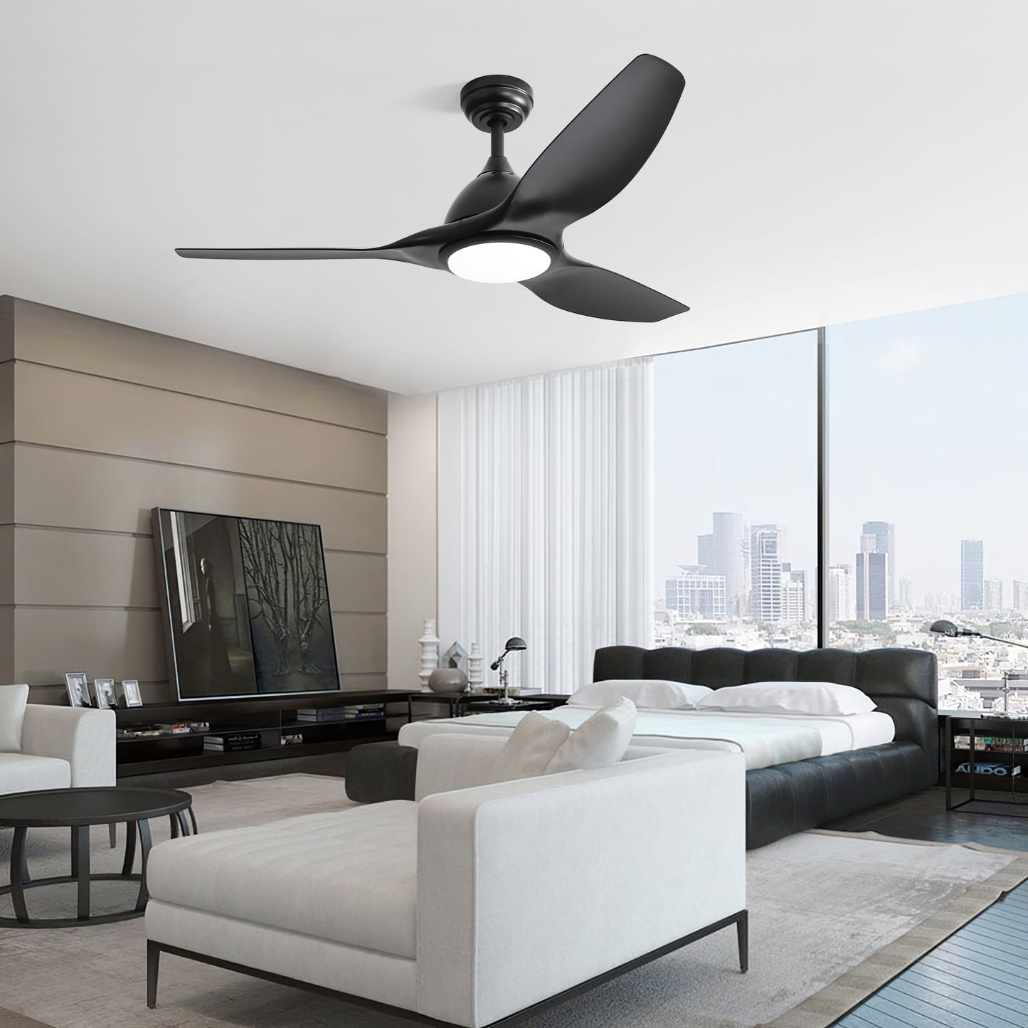 Modern black ceiling fan with integrated LED light and three aerodynamic blades