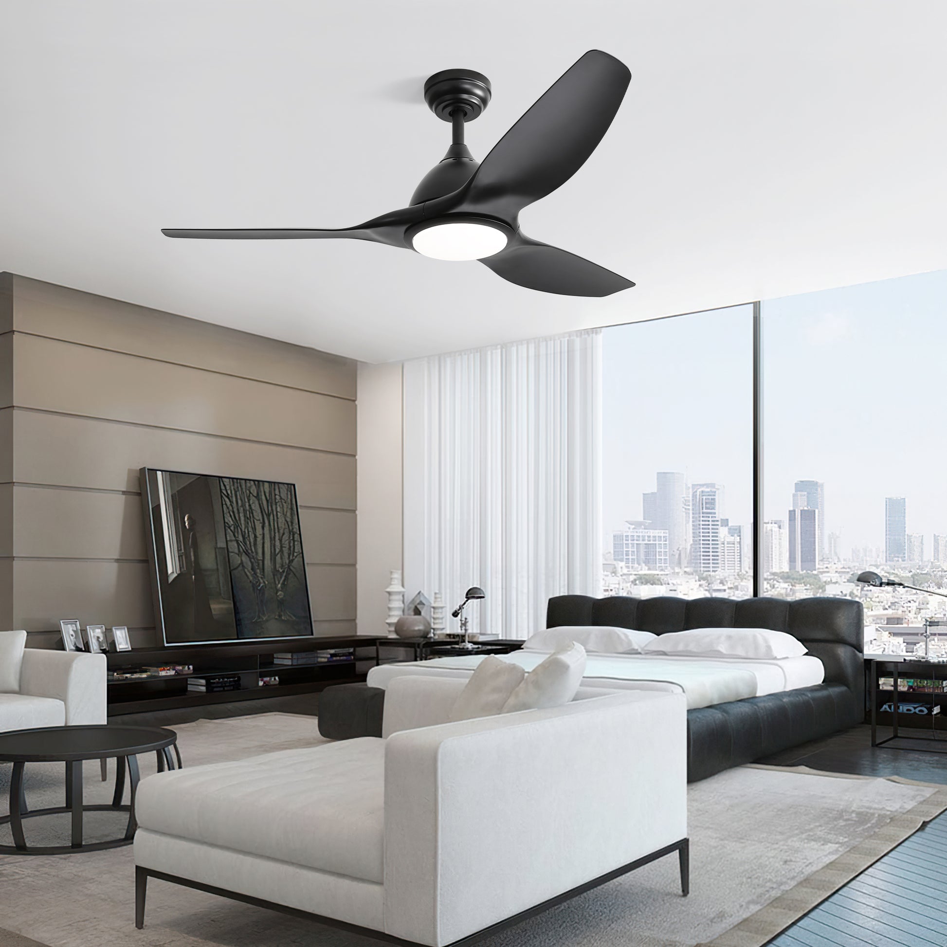 Modern black ceiling fan with integrated LED light and three aerodynamic blades