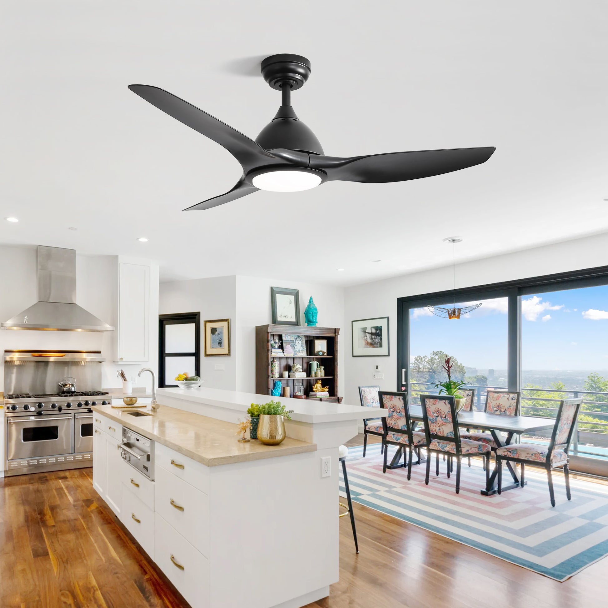 Modern black ceiling fan with integrated LED light for contemporary living spaces