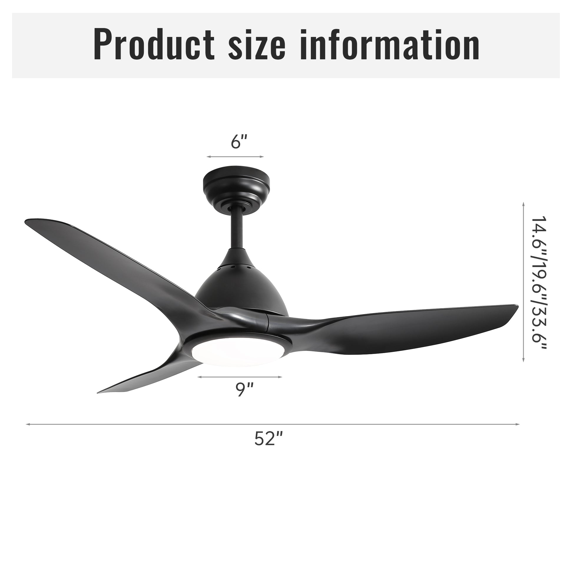 Black threeblade modern ceiling fan with integrated LED light and inch span