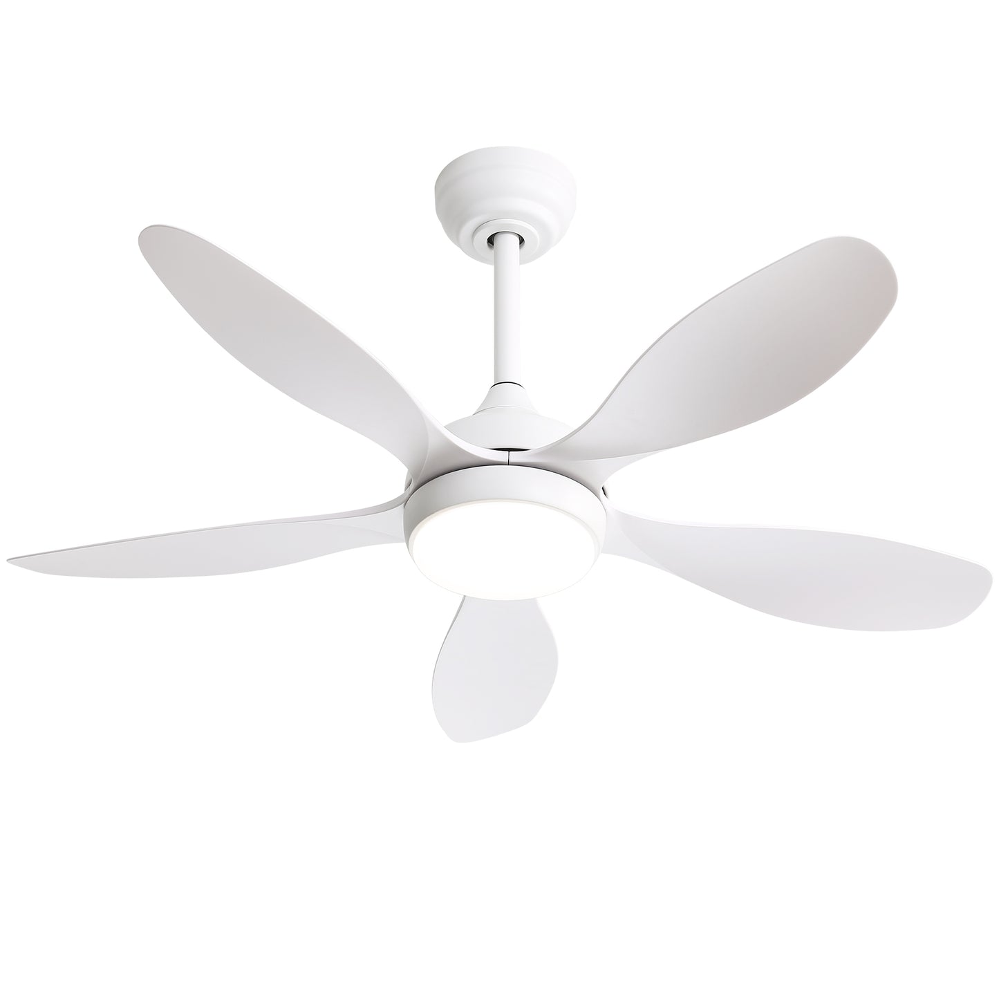 Modern white fiveblade ceiling fan with integrated LED light perfect for any room