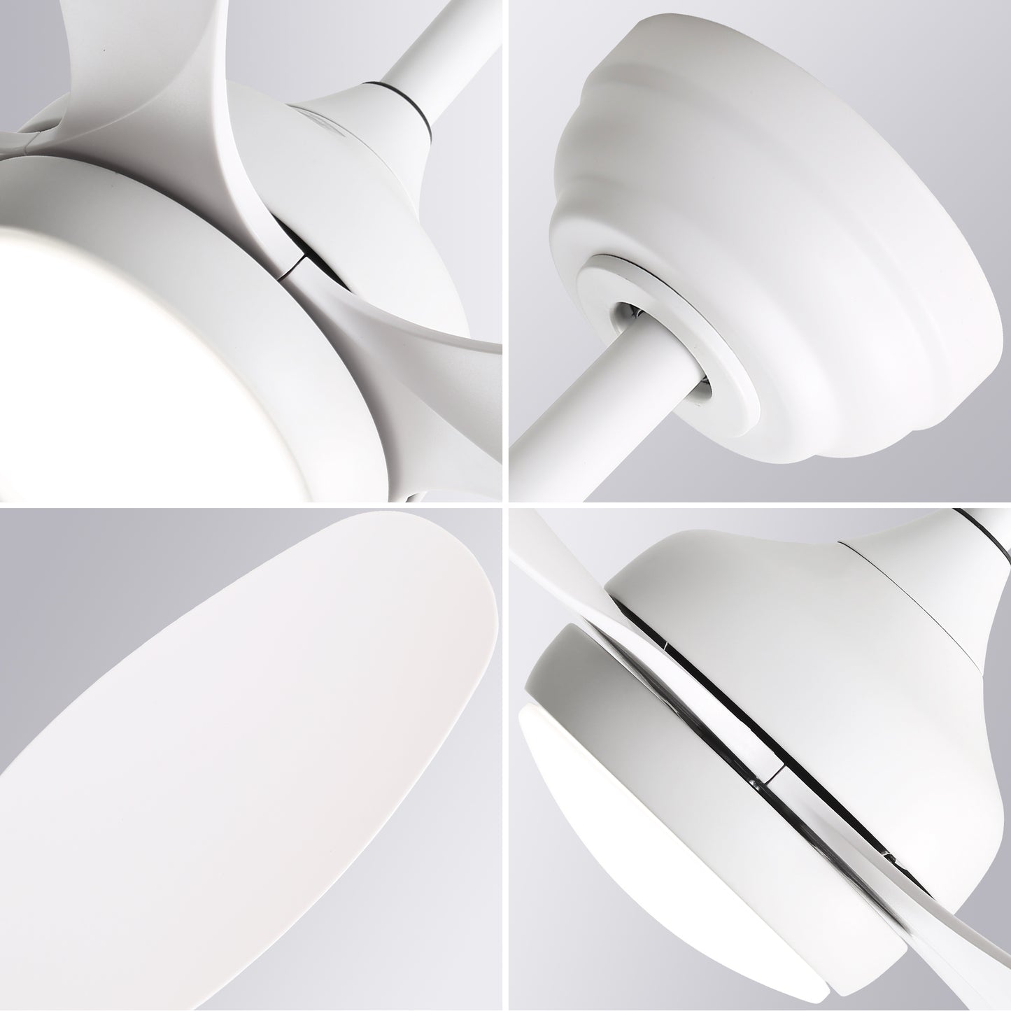Closeup of a sleek modern white ceiling fan blade with a matte finish