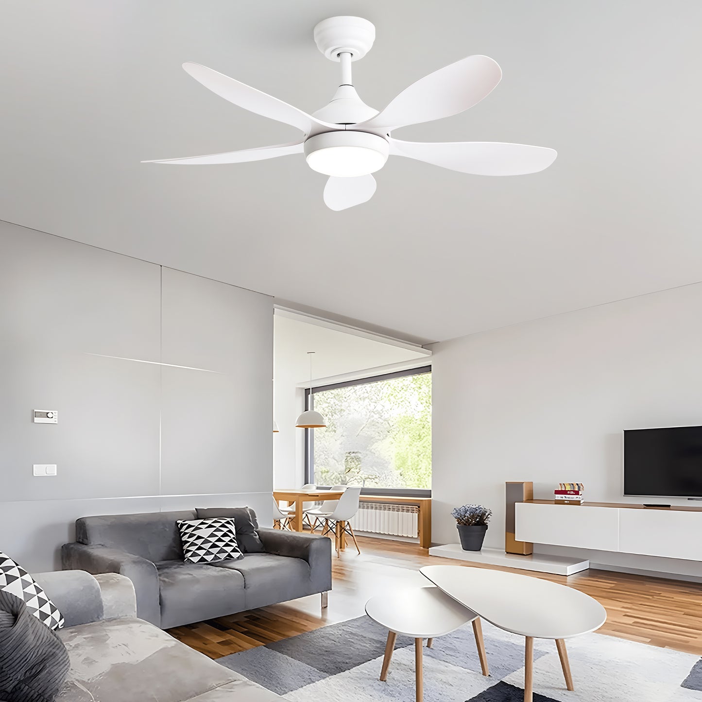 White fiveblade ceiling fan with integrated LED light modern design