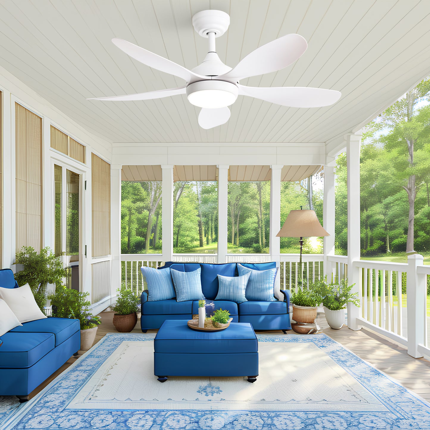 White modern blade ceiling fan with integrated LED light for outdoor patio use