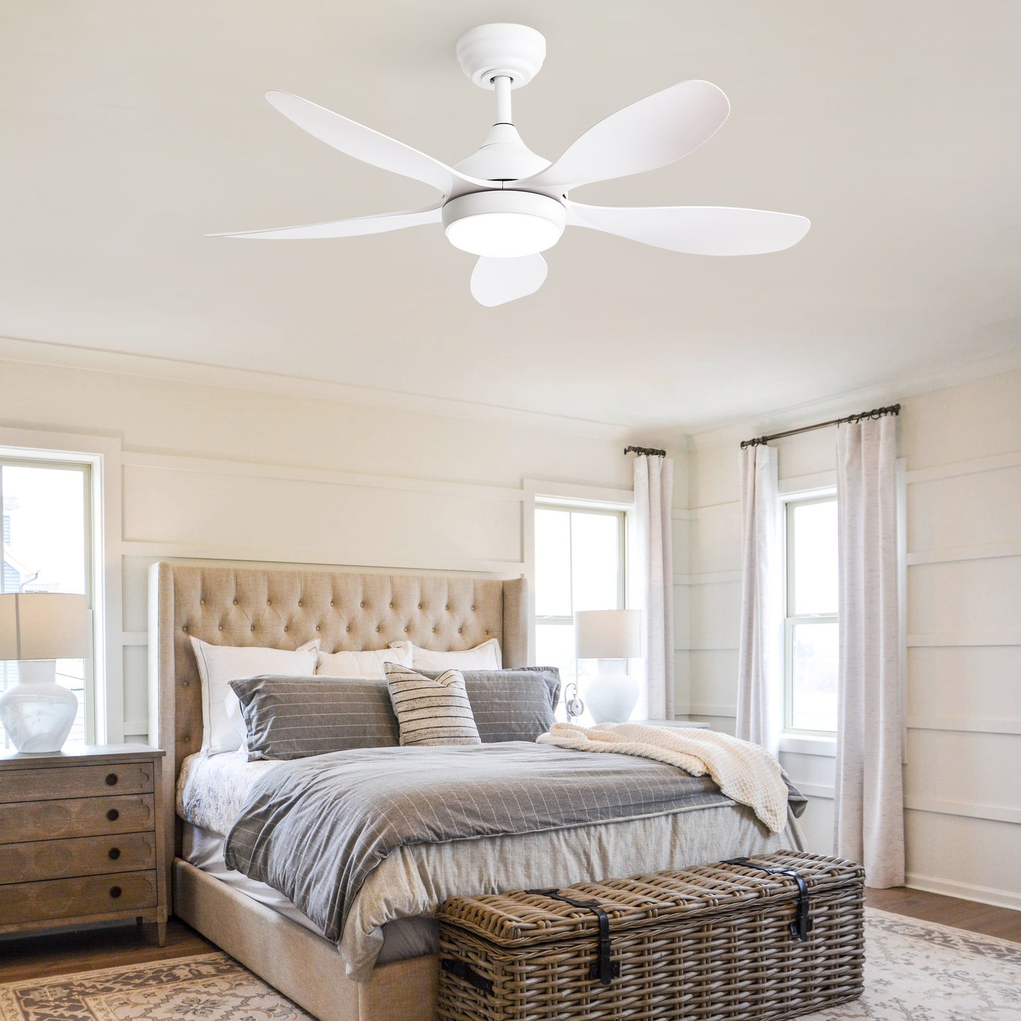 Modern white ceiling fan with LED light perfect for bedroom cooling