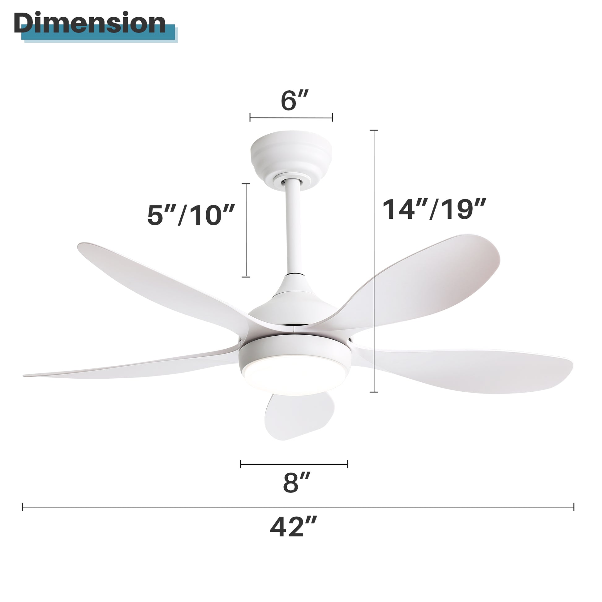 White modern ceiling fan with inch span and integrated LED light