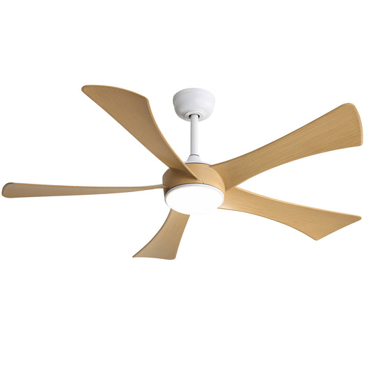 Modern blade ceiling fan with woodgrain blades and integrated LED light