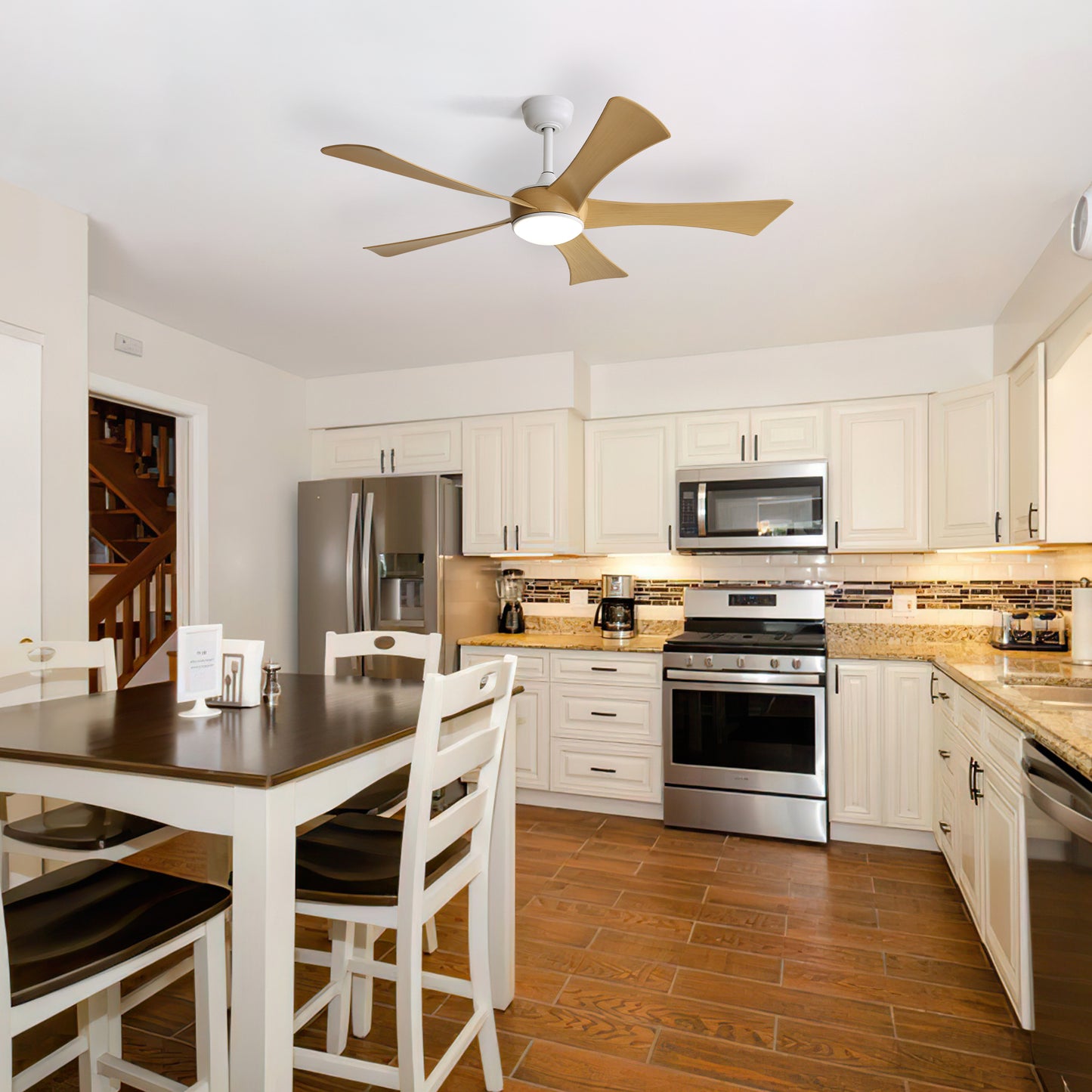 Modern ceiling fan with golden wood blades and integrated LED light for kitchen