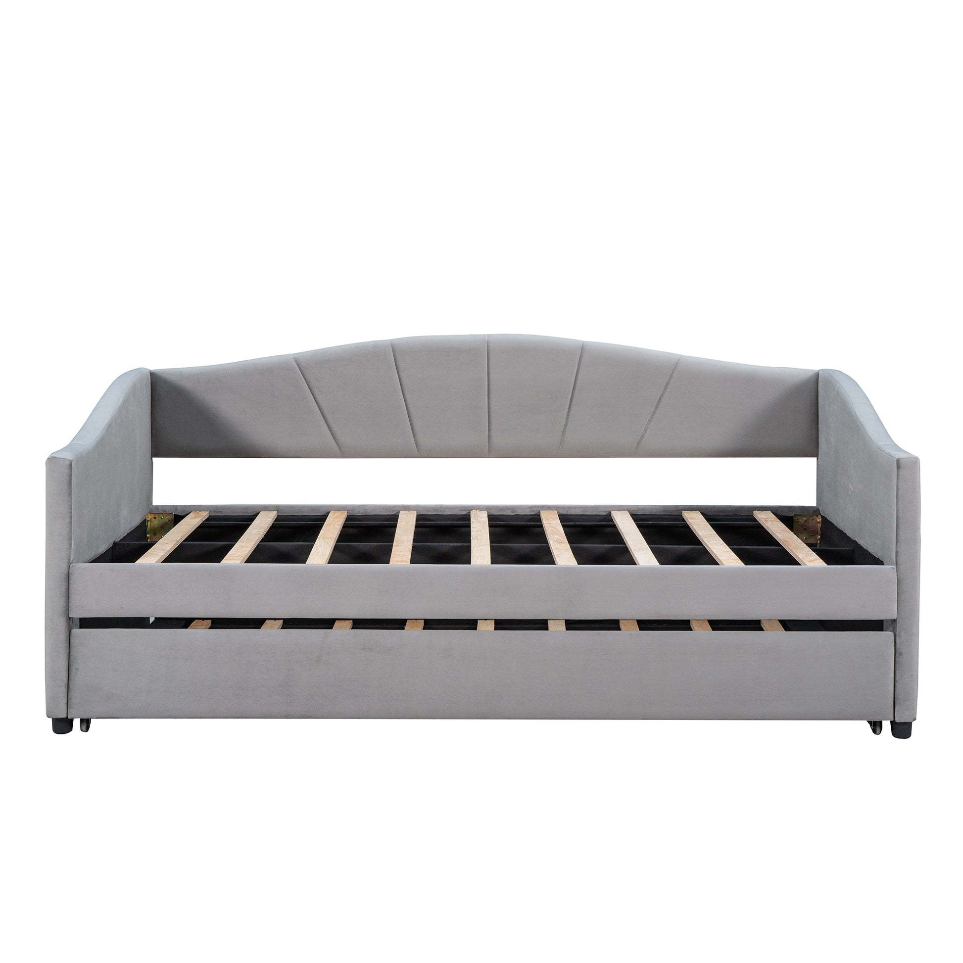 Grey velvet daybed with tufted back and pullout trundle