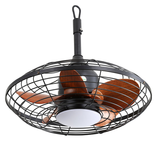 Black caged ceiling fan with wood blades and integrated LED light