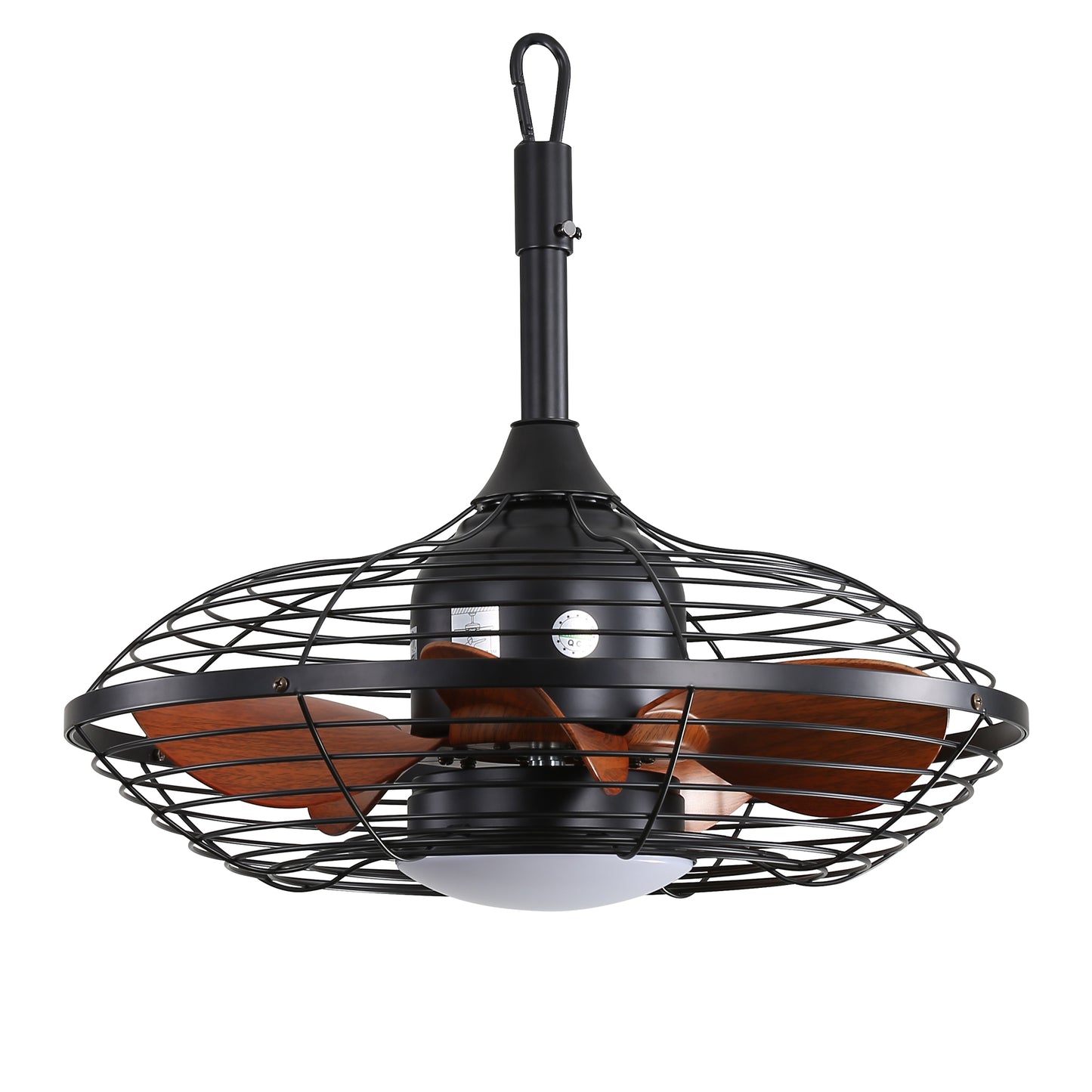 Black industrial ceiling fan with wooden blades and wire cage  inches