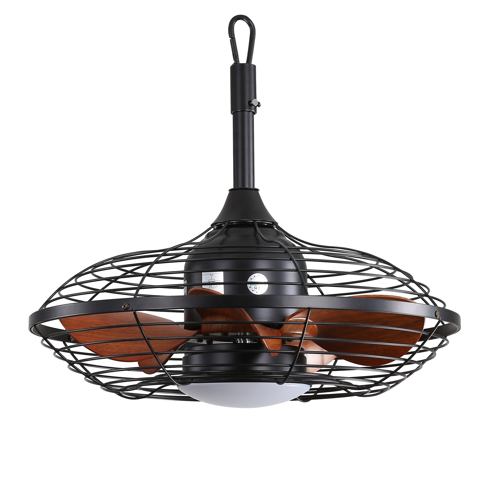 Black industrial ceiling fan with wooden blades and wire cage  inches