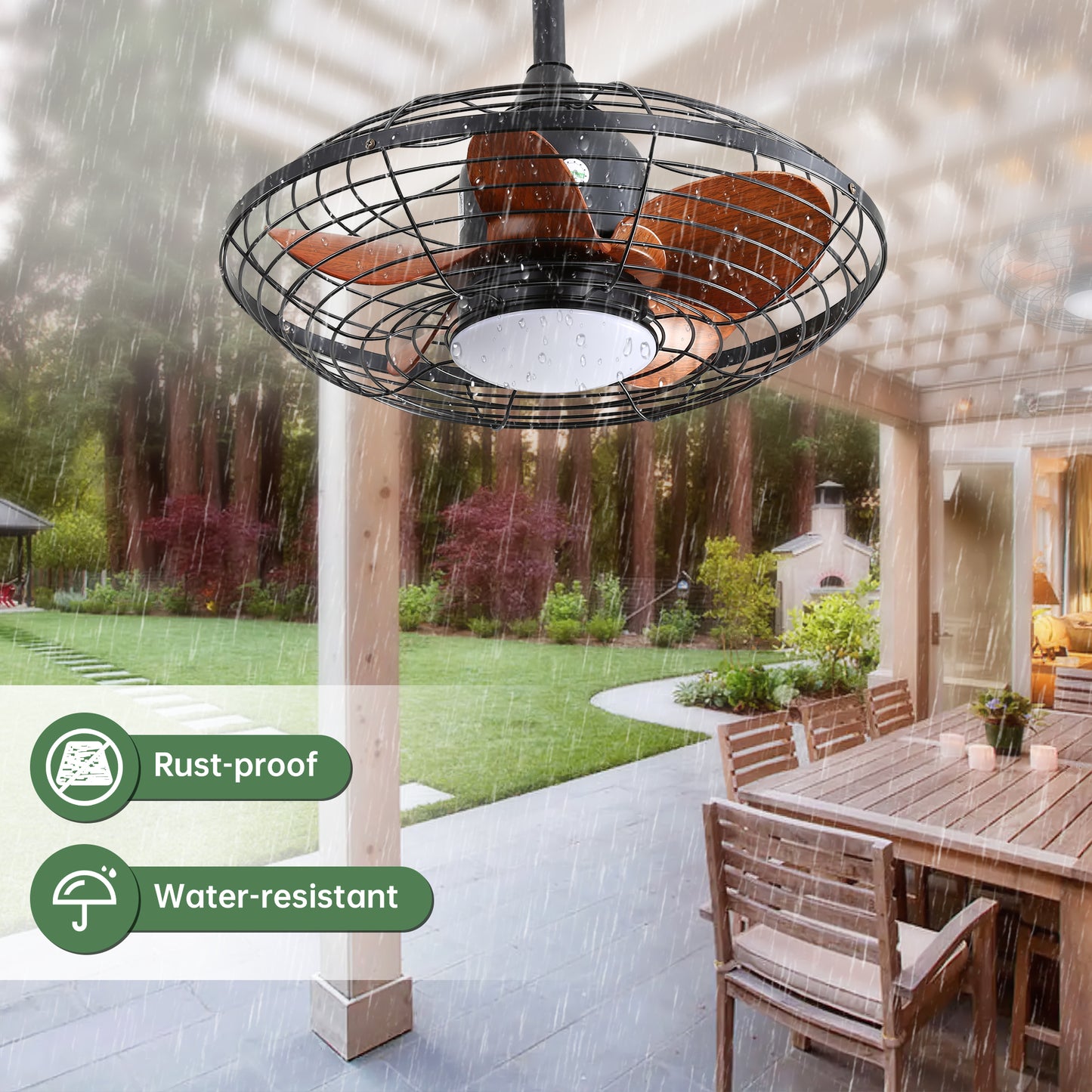 Black industrial outdoor ceiling fan with wood blades and integrated light