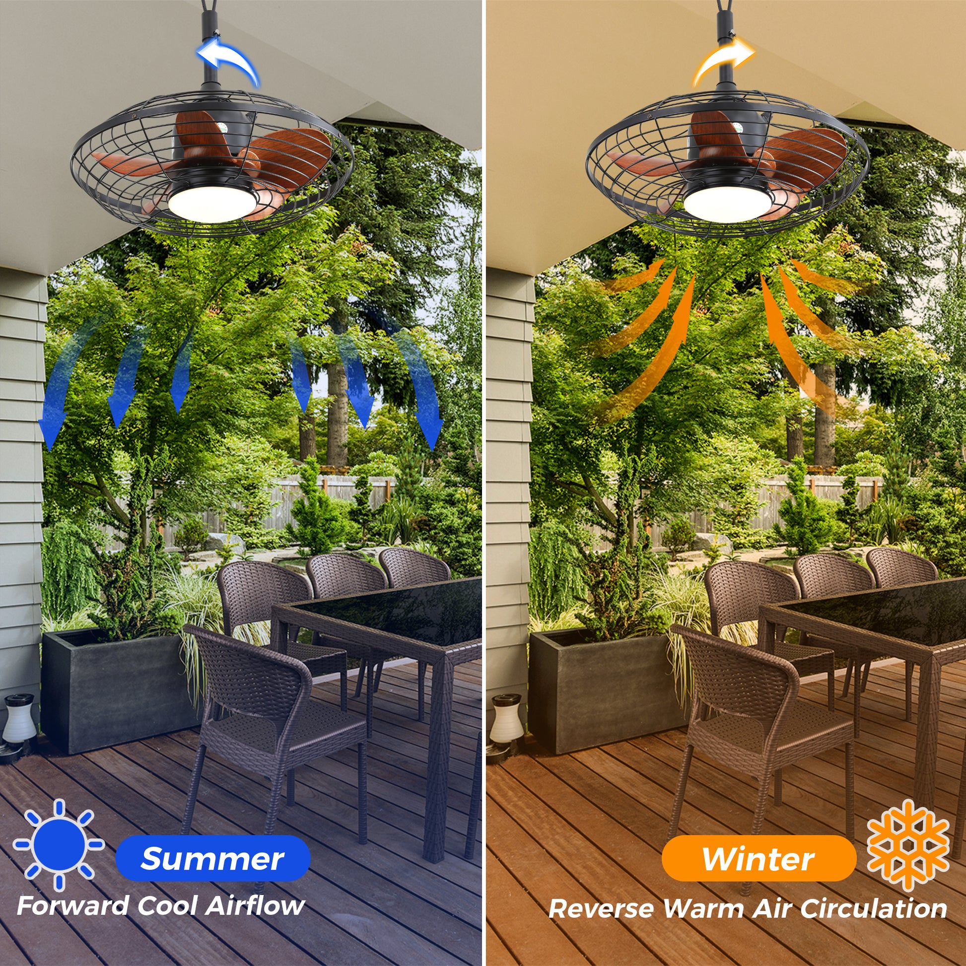 Black outdoor ceiling fan with wood blades and cage design for summer cool airflow