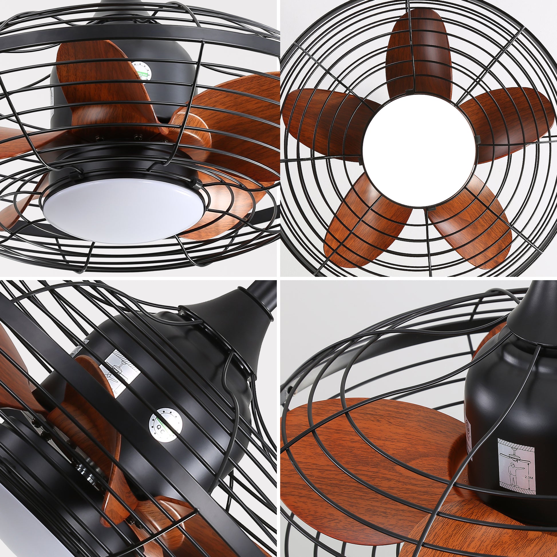 Black cage ceiling fan with wooden blades and integrated LED light