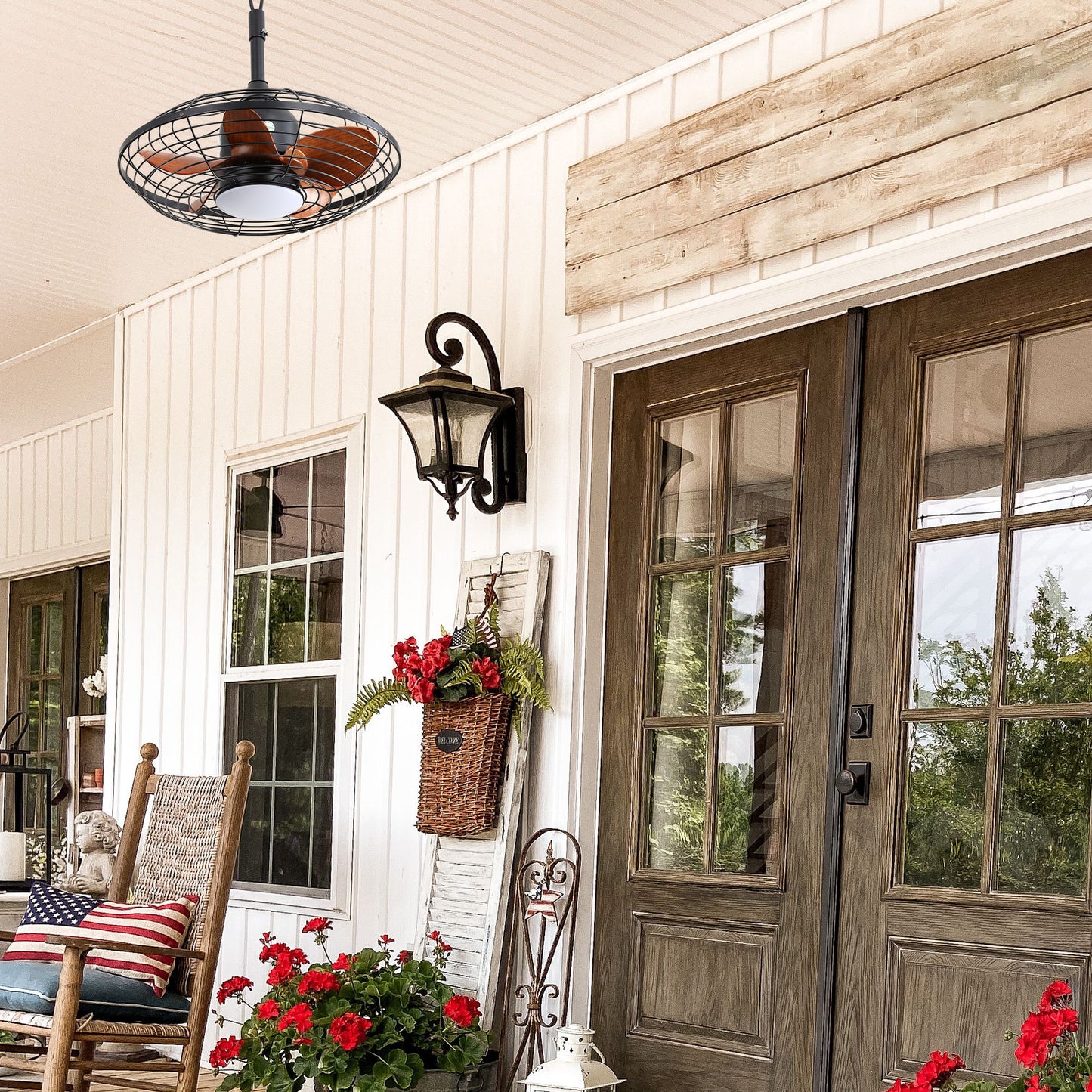 Black caged ceiling fan with wooden blades and integrated light for outdoor porches