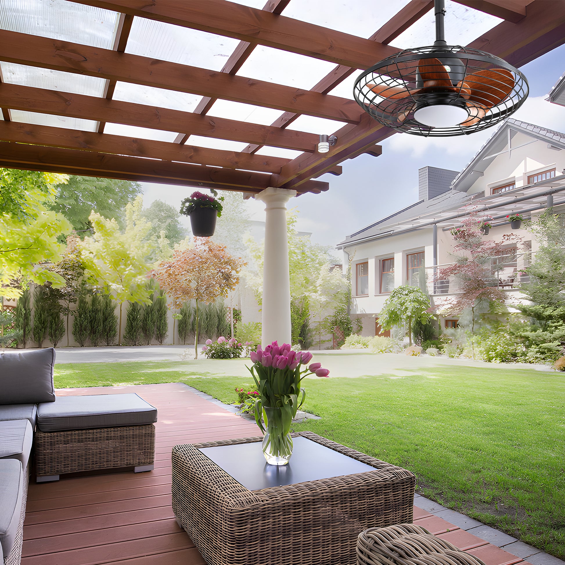 Black caged outdoor ceiling fan with wood blades and integrated LED light