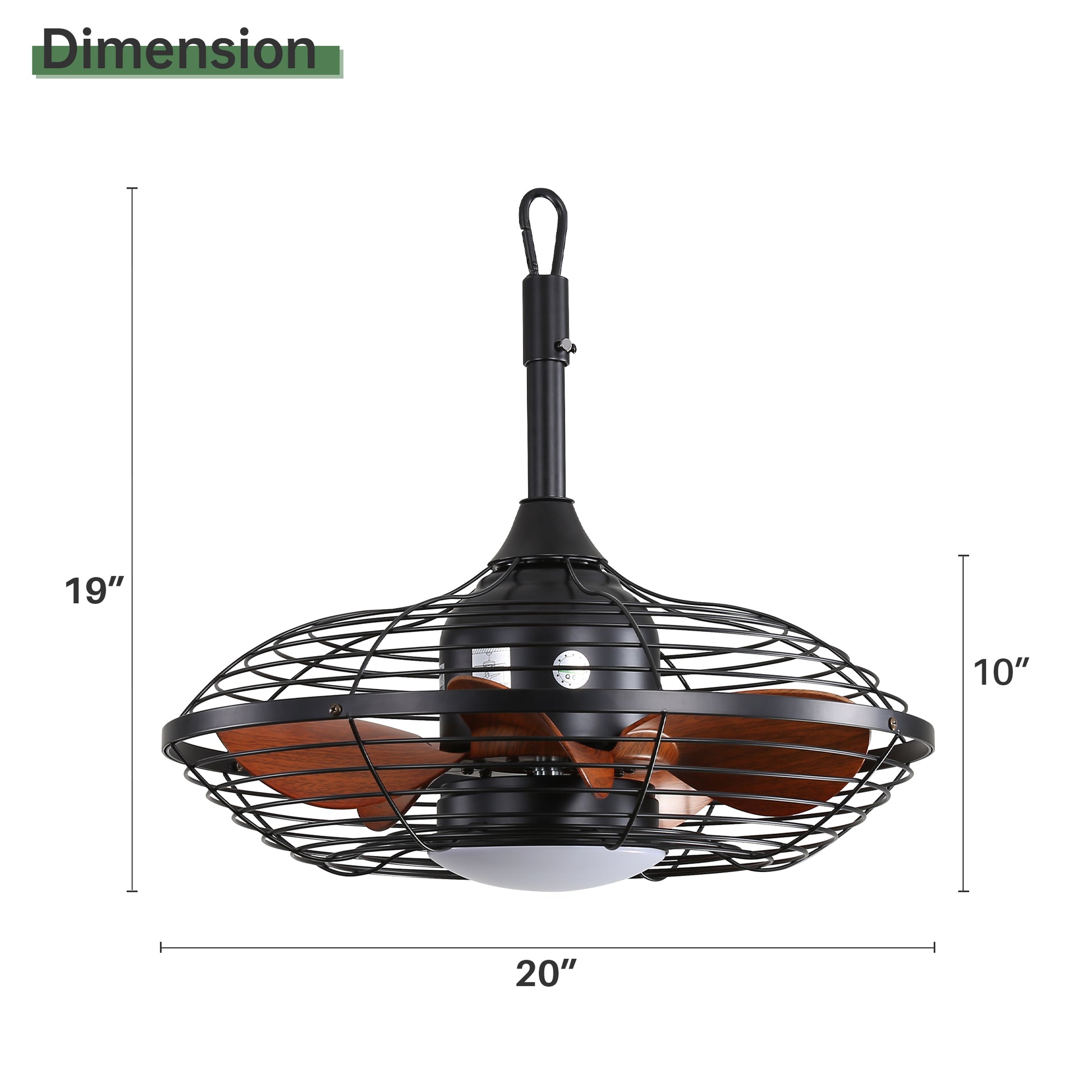 Black industrial caged ceiling fan with wooden blades and integrated LED light