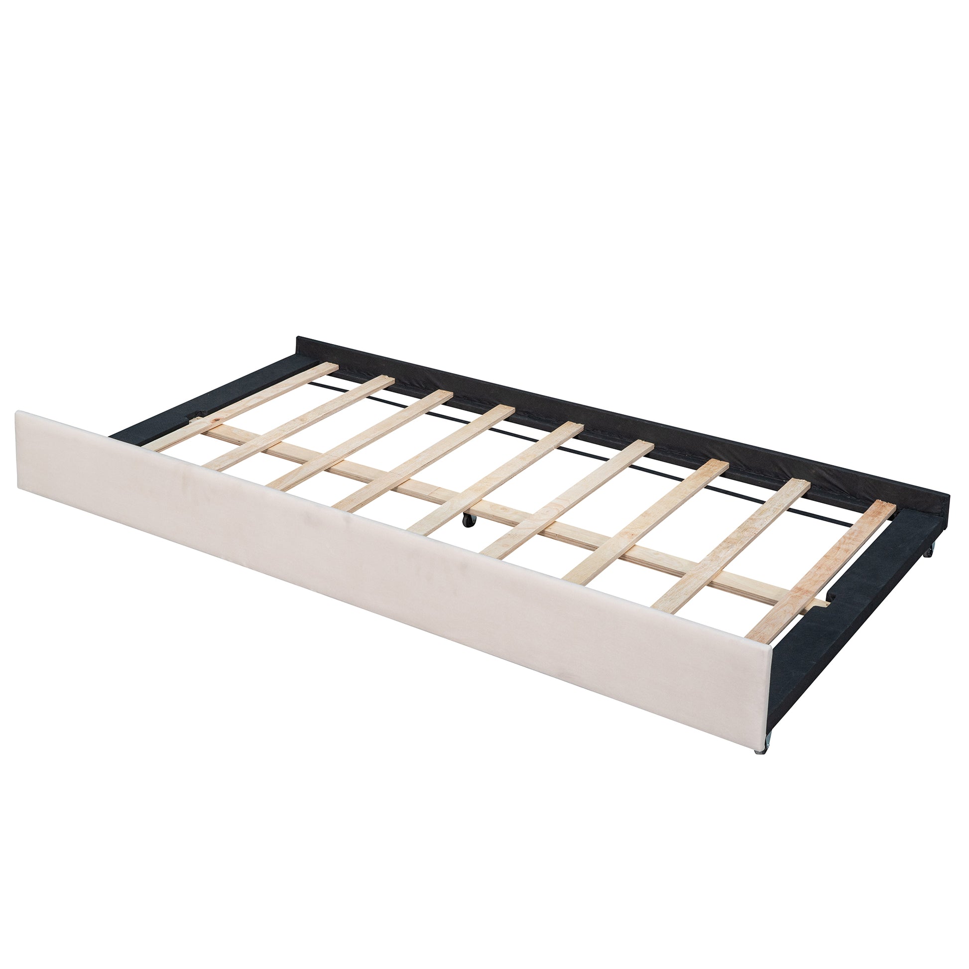 Upholstered bed frame with wooden slats in cream modern design for bedroom