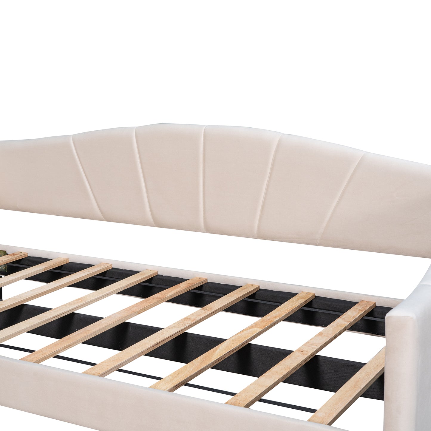 Closeup of upholstered beige bed frame with wooden slats