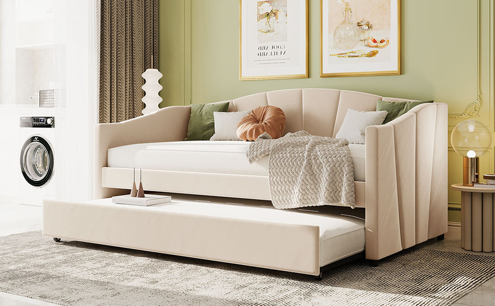 Beige velvet daybed with pullout trundle elegant channeled back and armrest design