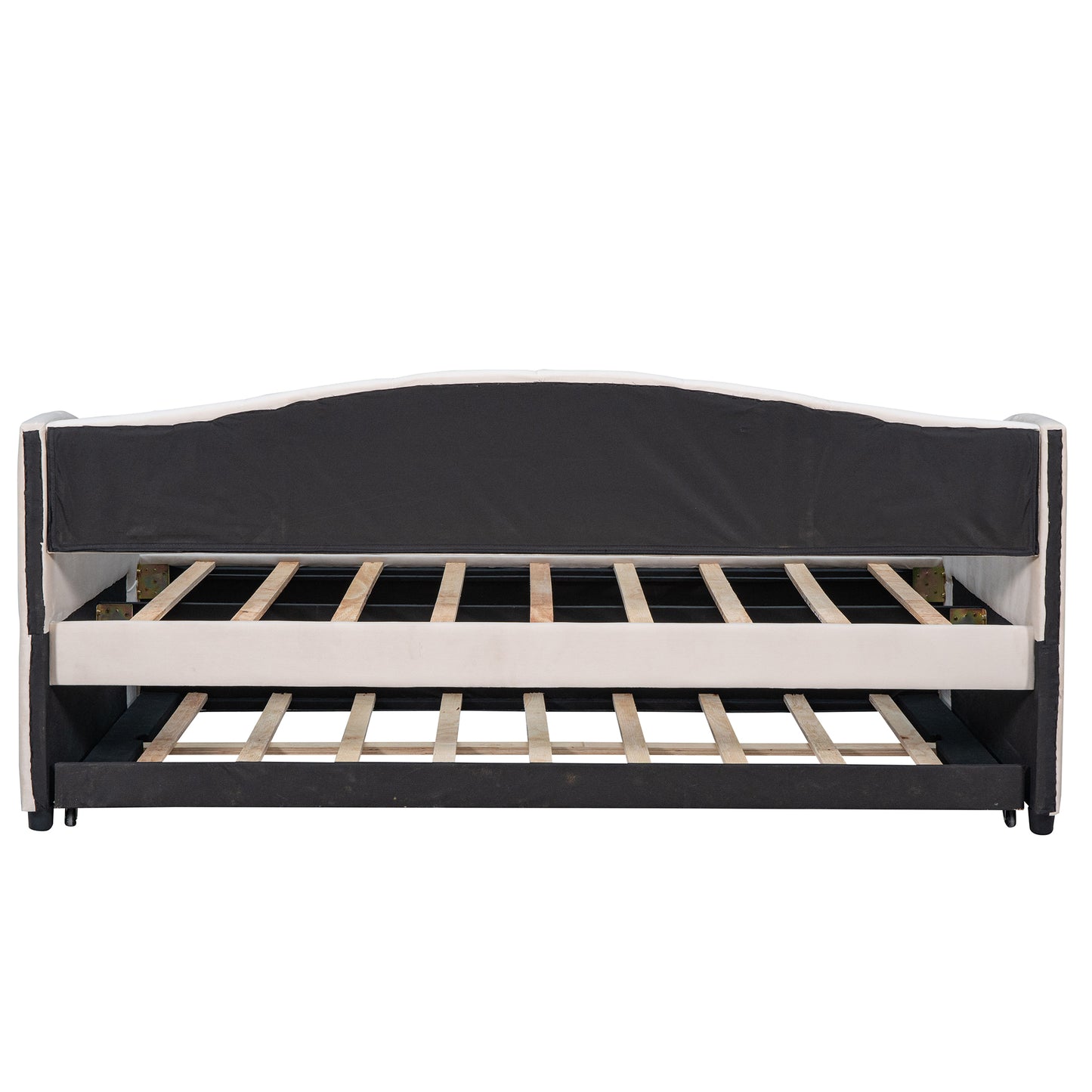 Cream upholstered daybed frame with pullout trundle and slatted support