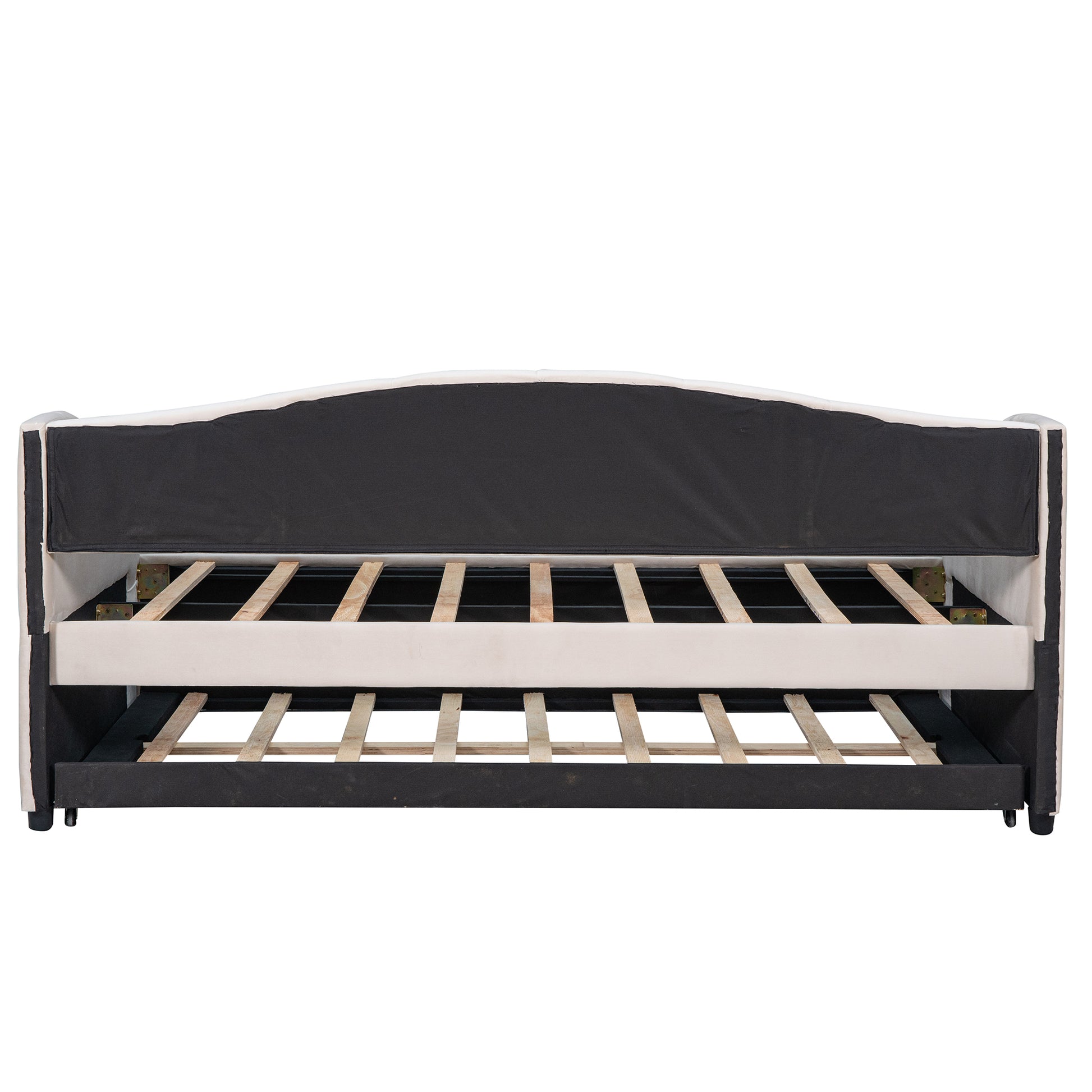 Cream upholstered daybed frame with pullout trundle and slatted support