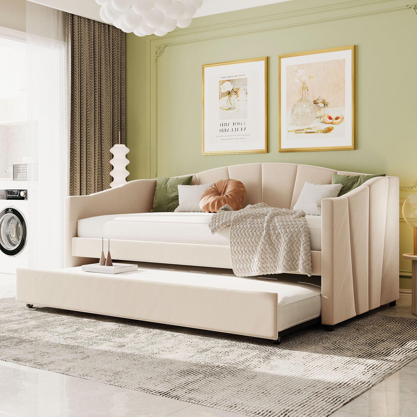 Elegant beige velvet daybed with a pullout trundle perfect for guest rooms