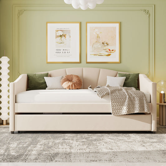 Elegant beige velvet daybed with pullout trundle and tufted back