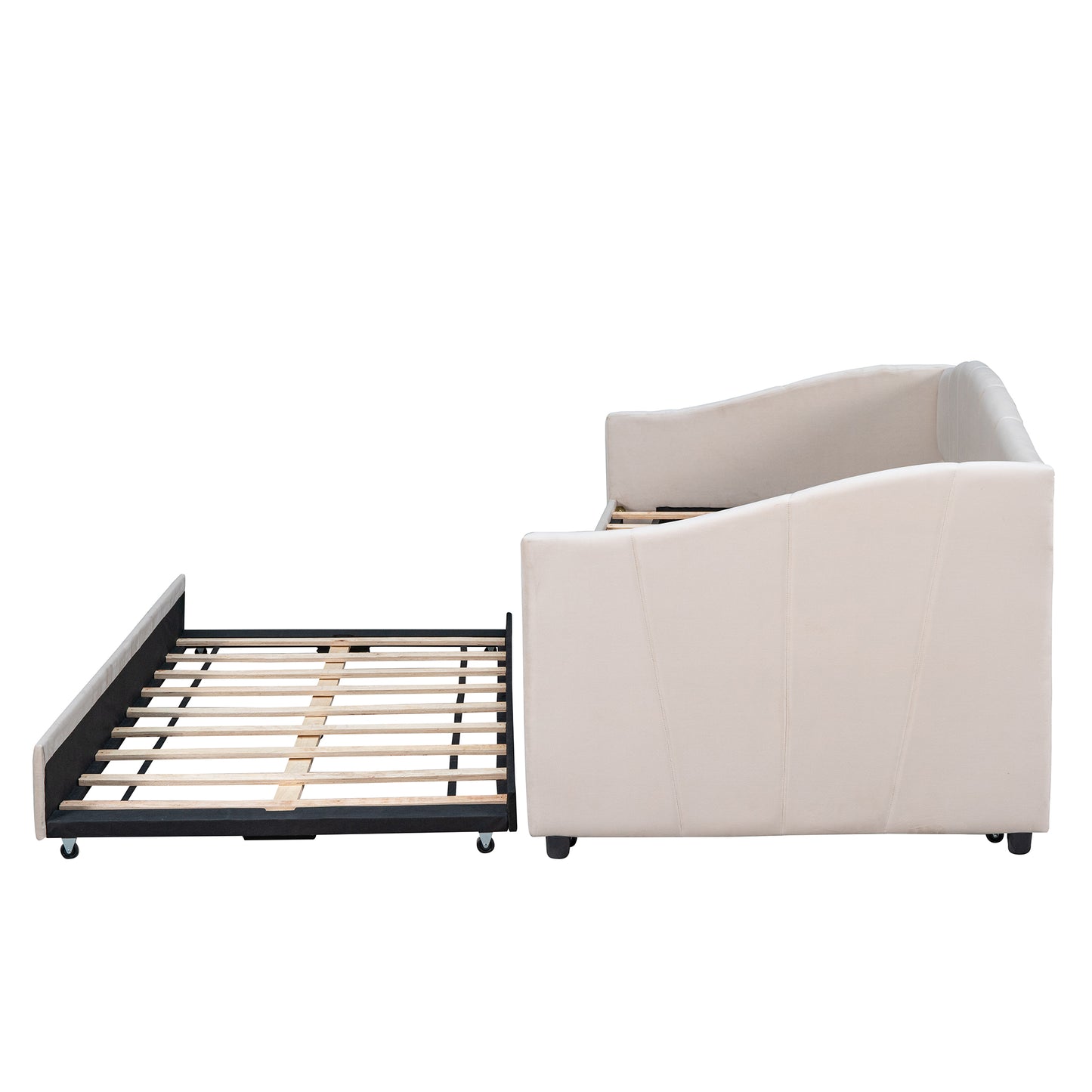 Cream upholstered daybed with pullout trundle frame exposed