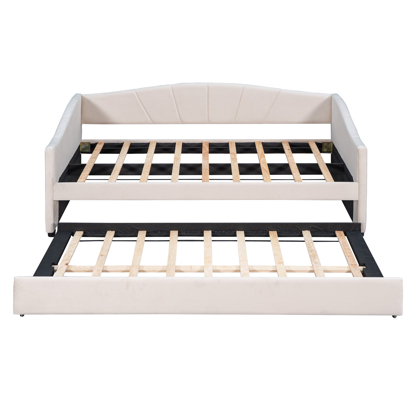 Cream upholstered daybed with a pullout trundle showing wooden slats